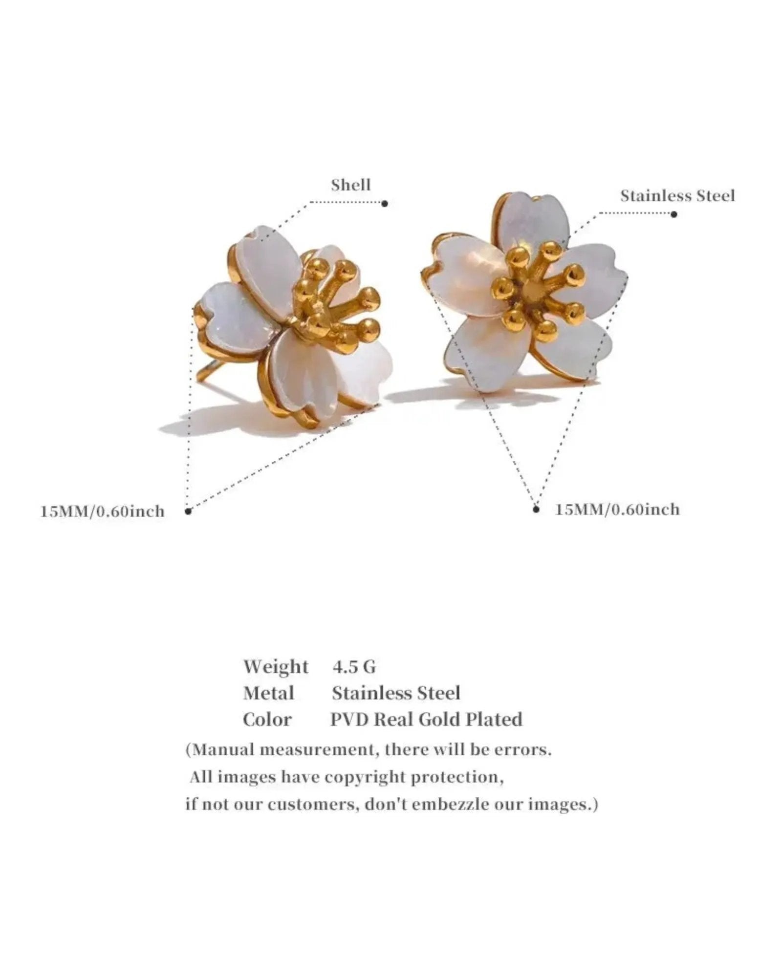 Golden Shell Flower Stud Earrings For Women Stainless Steel Hypoallergenic by Poised Me Jewelry Studio