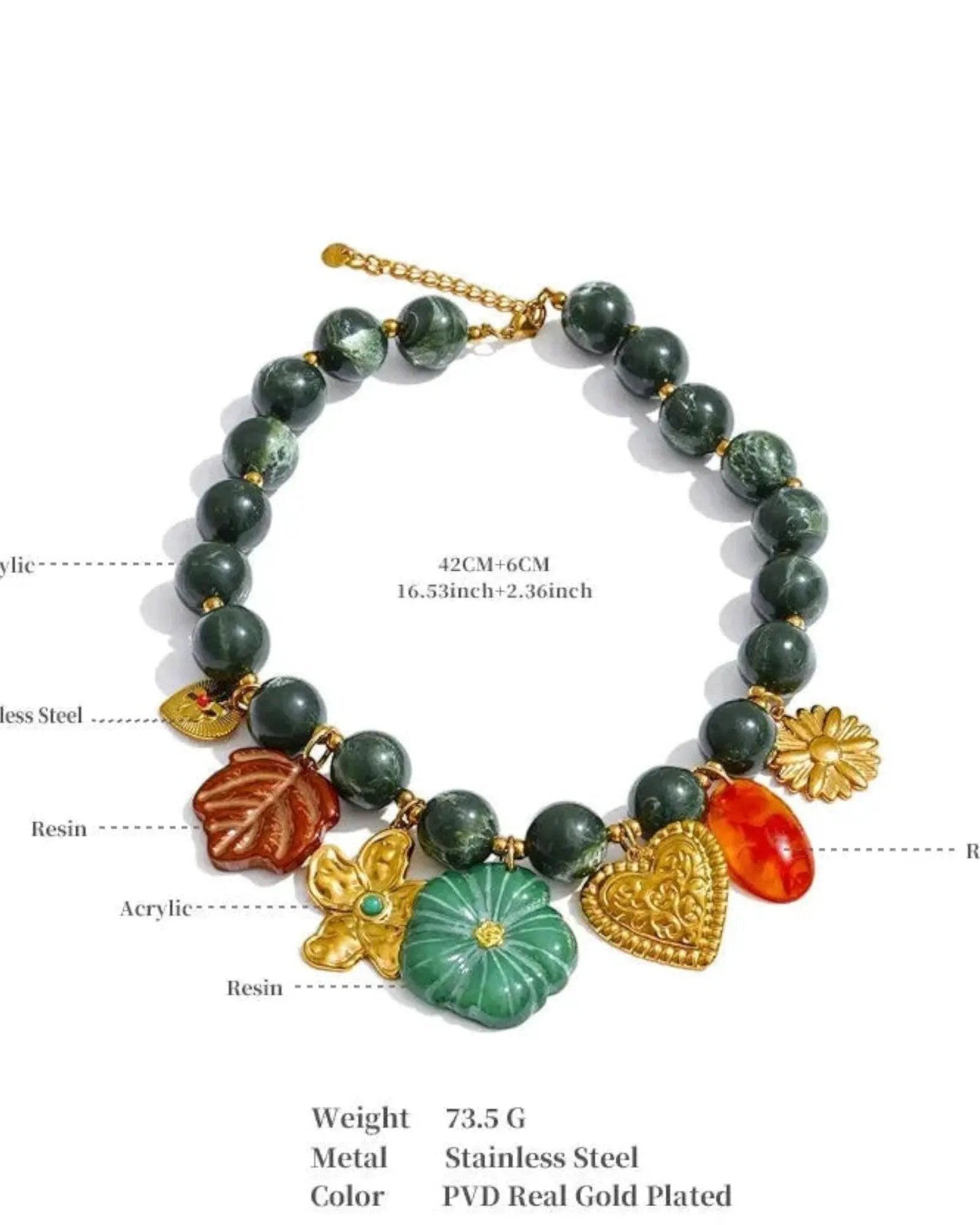 Green Acrylic Bead Necklace With Leaf Flower Heart Charms 18k Gold Plated PVD Stainless Steel by Poised Me Jewelry Studio