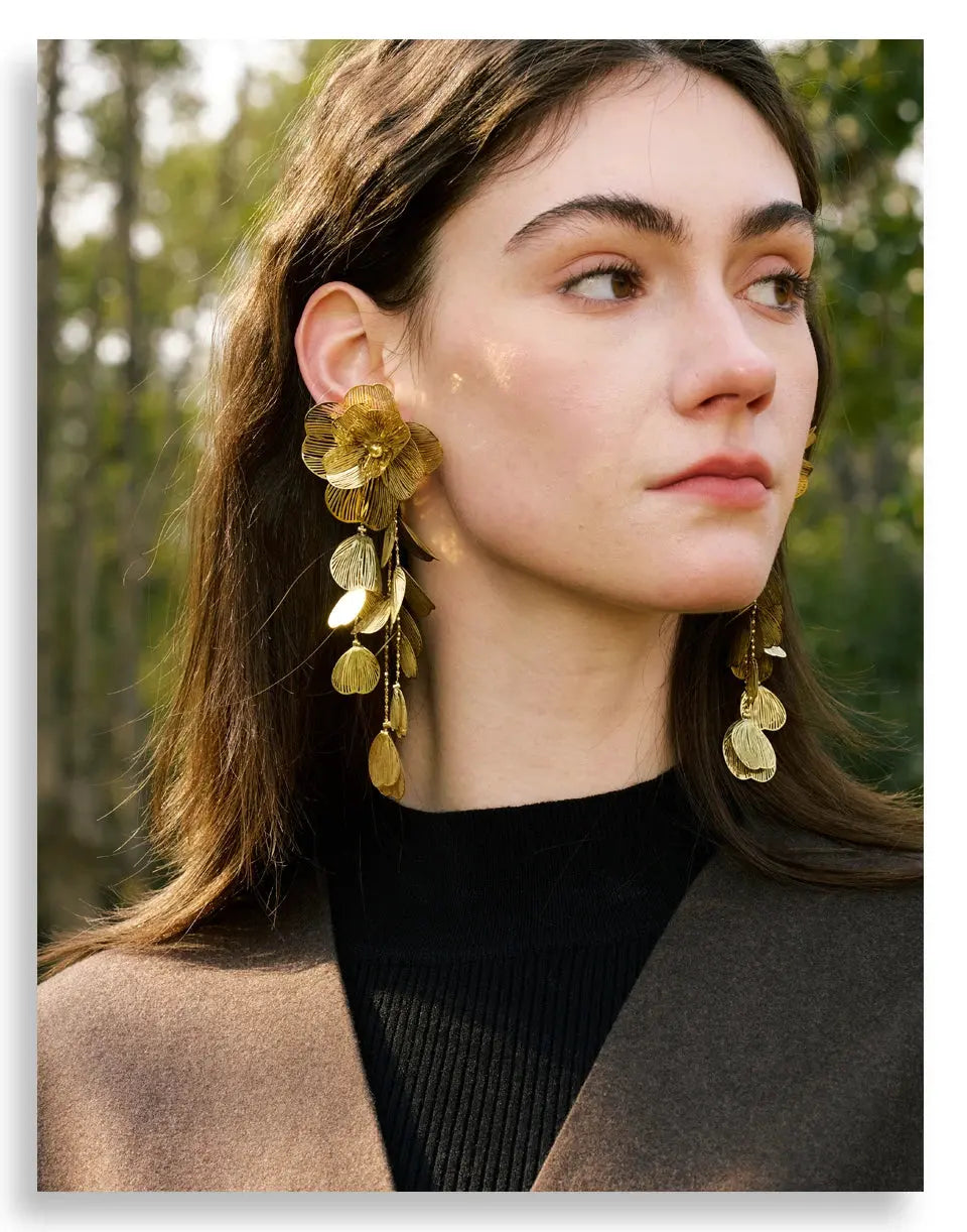 Stainless Steel Big Flower Tassel Drop Earrings Hypoallergenic Party Jewelry by Poised Me Jewelry Studio