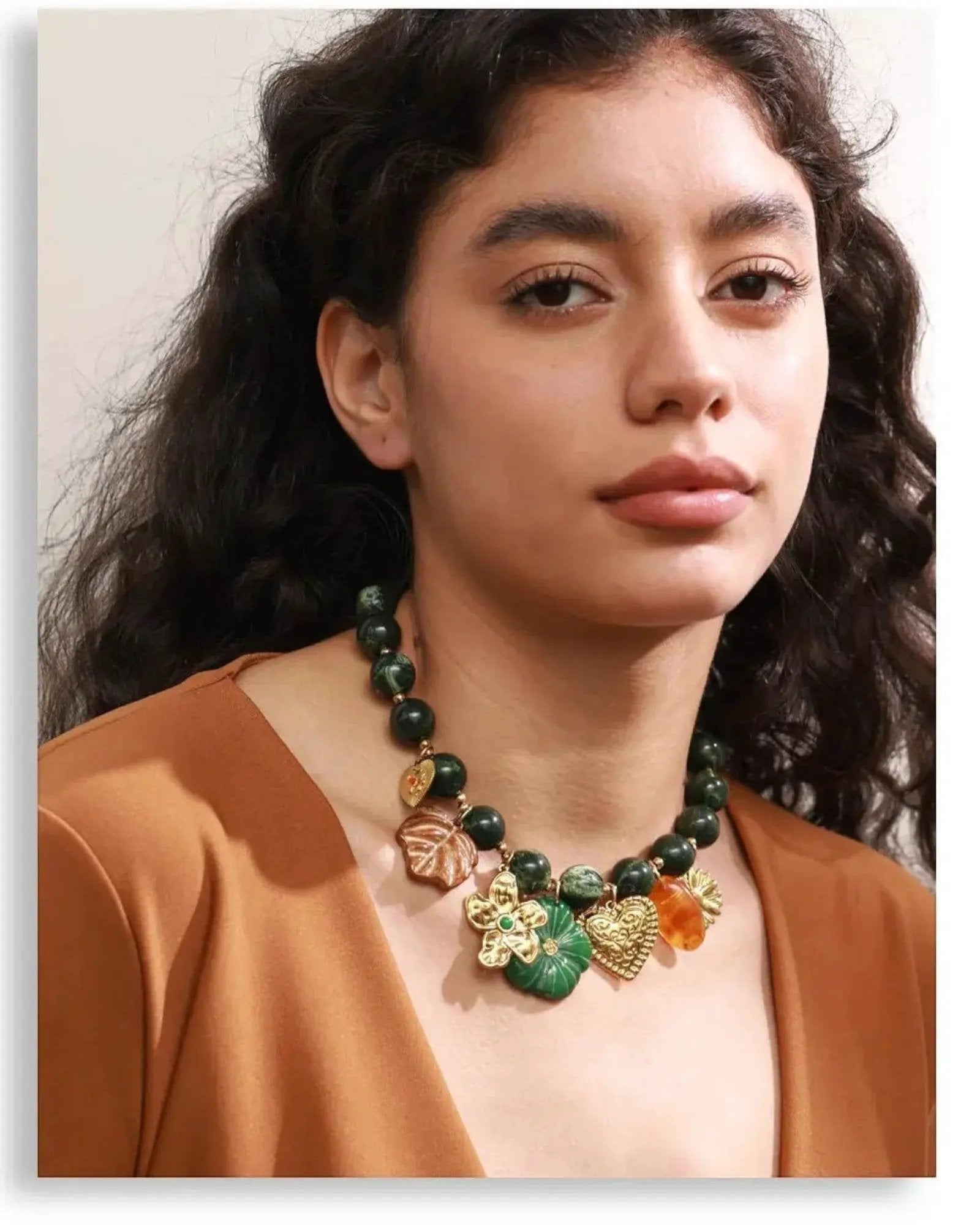 Green Acrylic Bead Necklace With Leaf Flower Heart Charms 18k Gold Plated PVD Stainless Steel by Poised Me Jewelry Studio