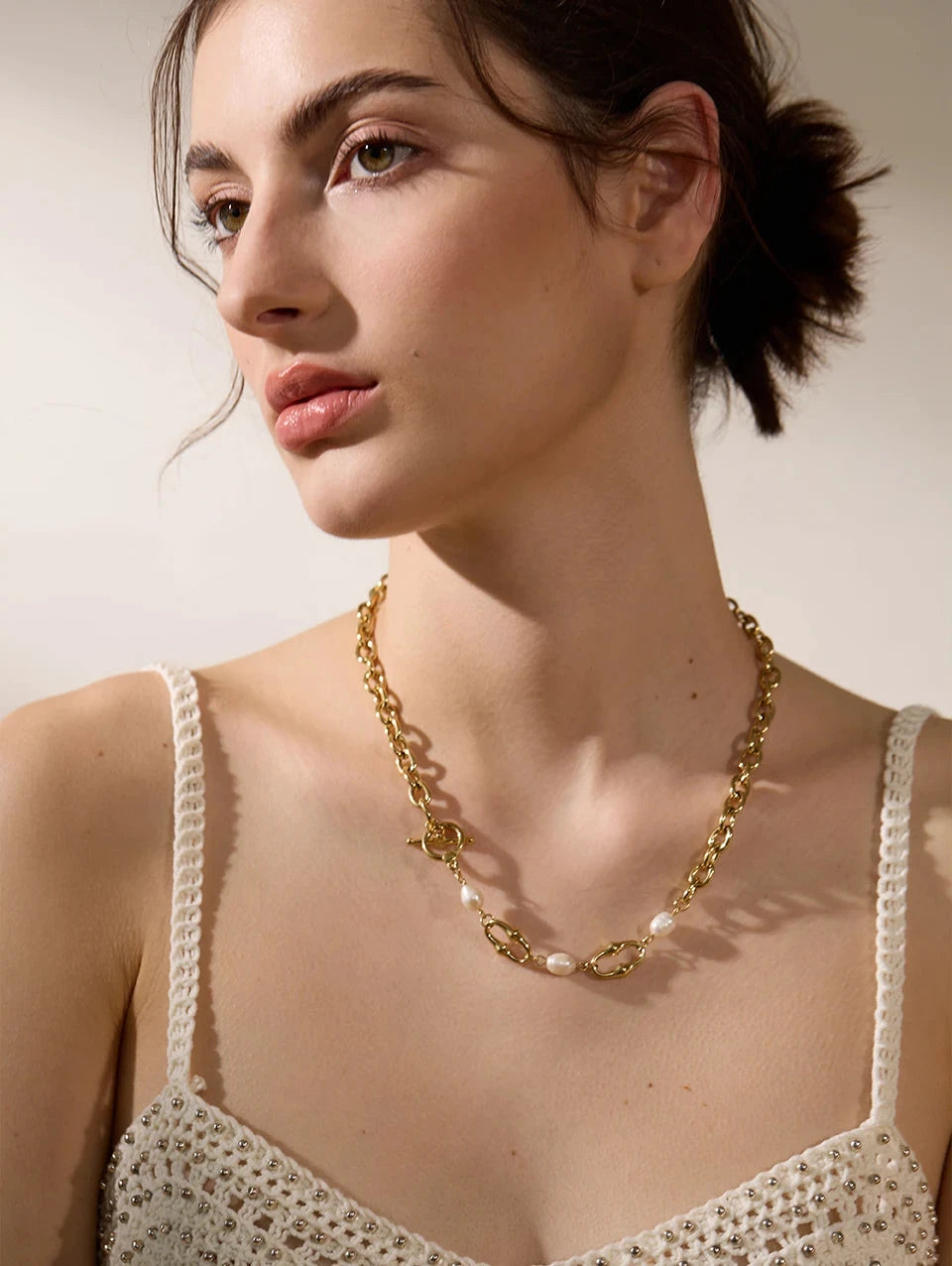 Freshwater Pearl & 18K Gold / Silver Chain Bracelet – Modern Sculptural Toggle Jewelry for Women by PoisedMe