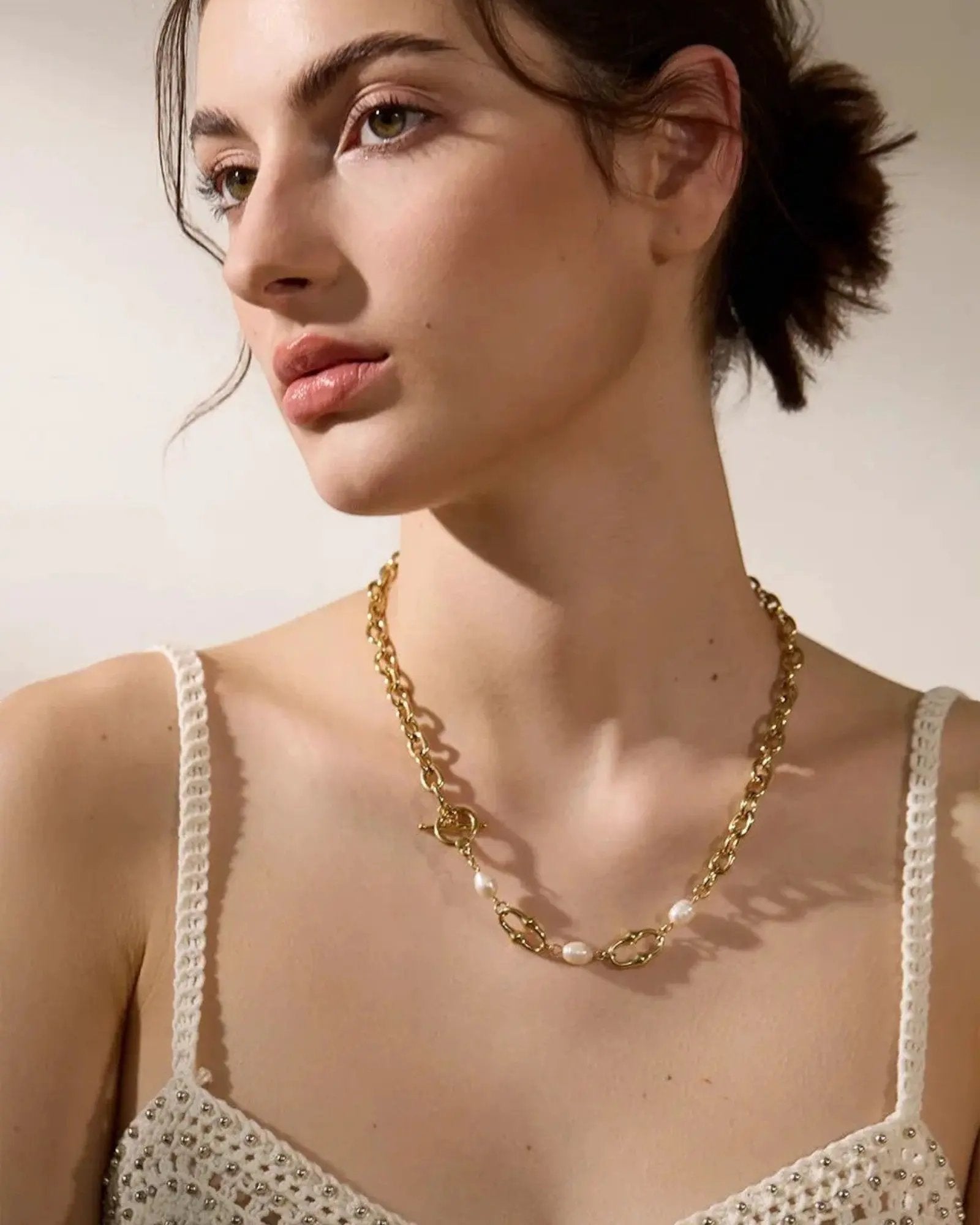 Freshwater Pearl And Metal Chain Necklace With 18K PVD Plated Accent by Poised Me Jewelry Studio