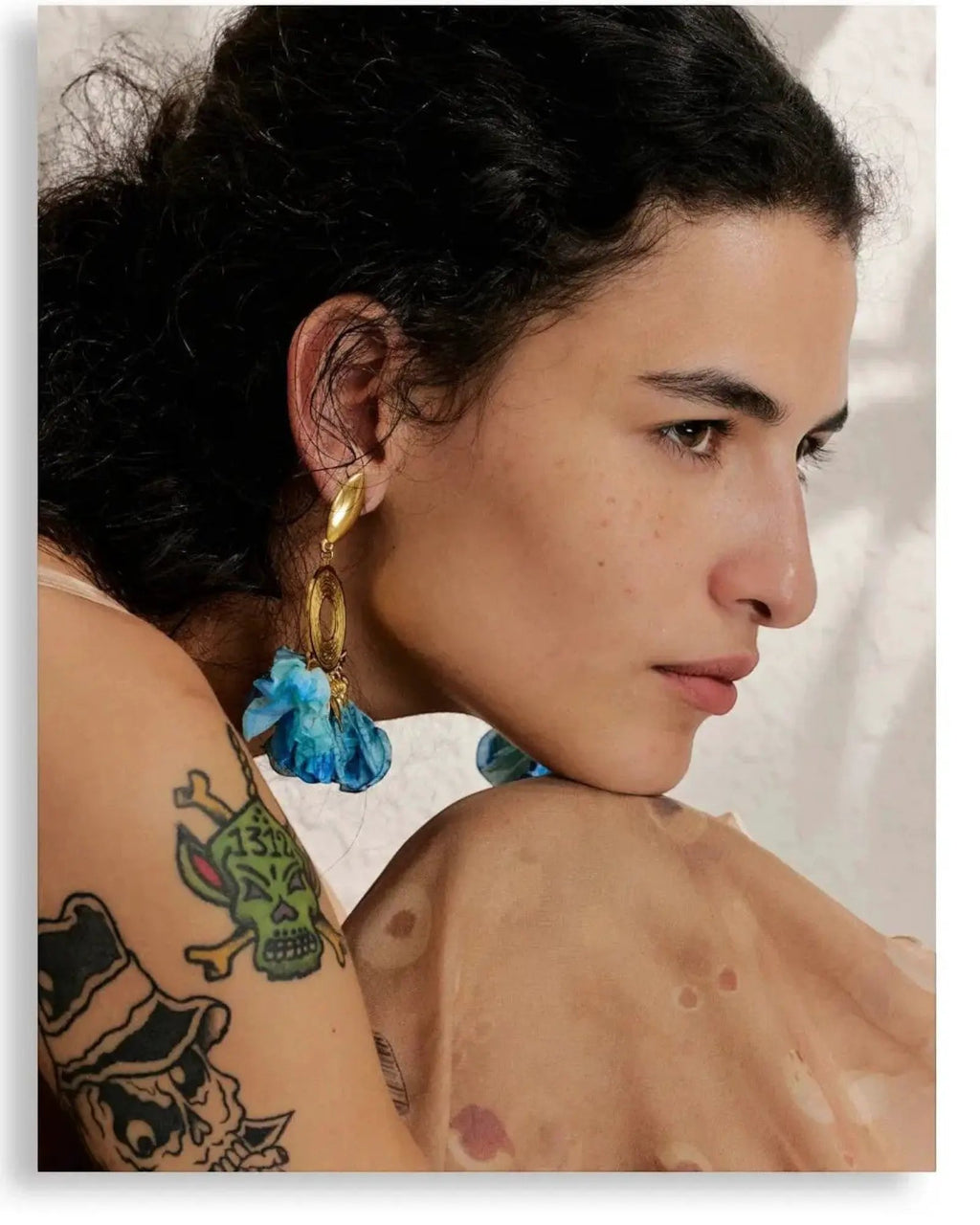 Handmade Bohemian Blue Cloth Flower Drop 18K Gold PVD Plated Stainless Steel Earrings by Poised Me Jewelry Studio