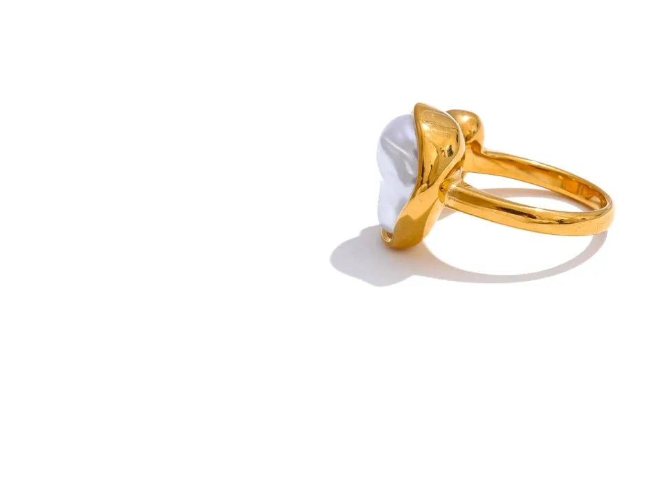 Adjustable Open Ring With Baroque Pearl 18K PVD Gold Plated Stainless Steel by Poised Me Jewelry Studio