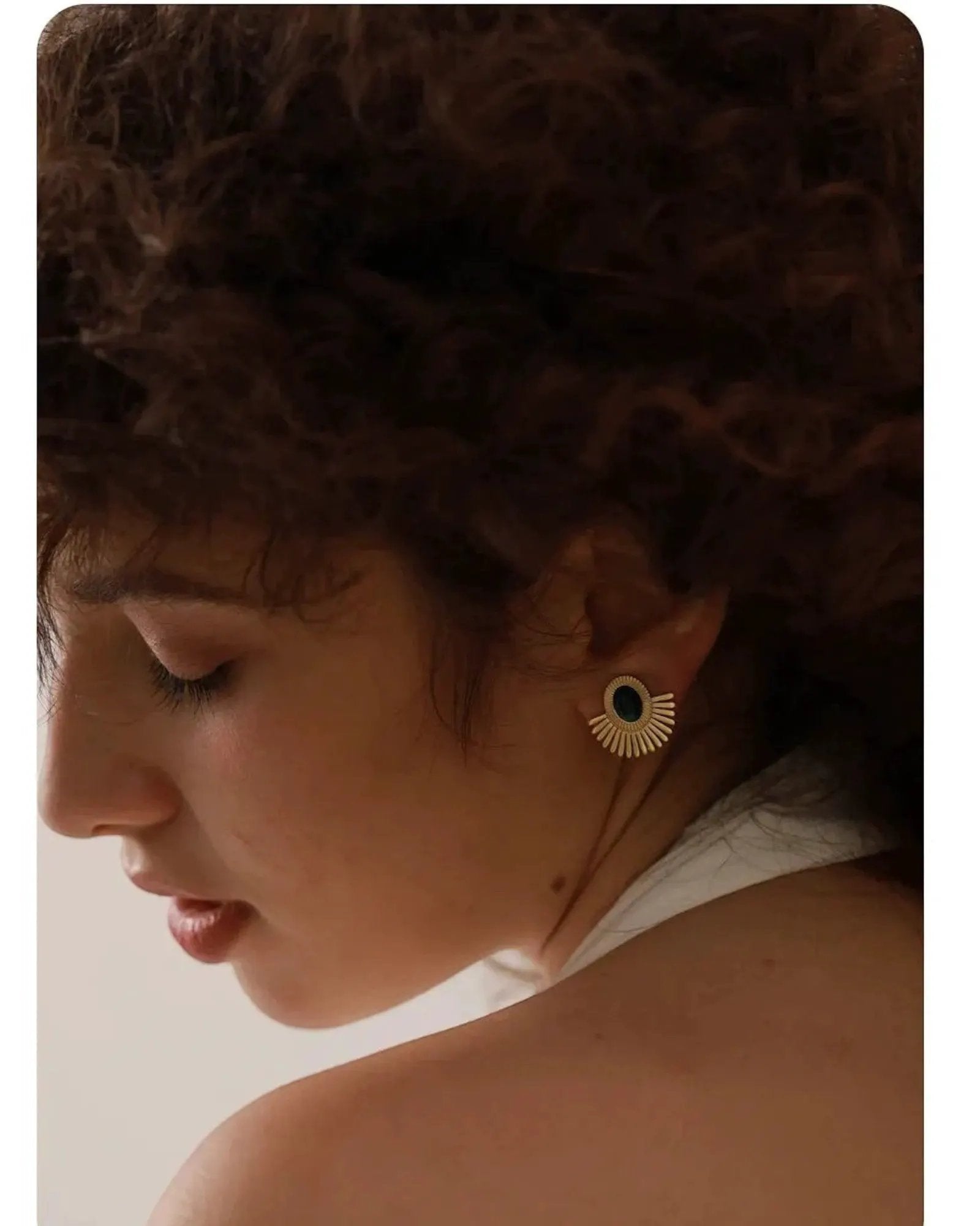 Gold Tone Sunburst Clip Earrings With Green Malachite Stone Statement Jewelry by Poised Me Jewelry Studio