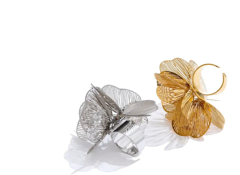 Exclusive Stainless Steel Flower Ring For Women Adjustable PVD Plated Jewelry by Poised Me Jewelry Studio