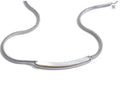 A silver snake chain necklace with a curved, polished silver bar pendant, displayed on a clean white background.