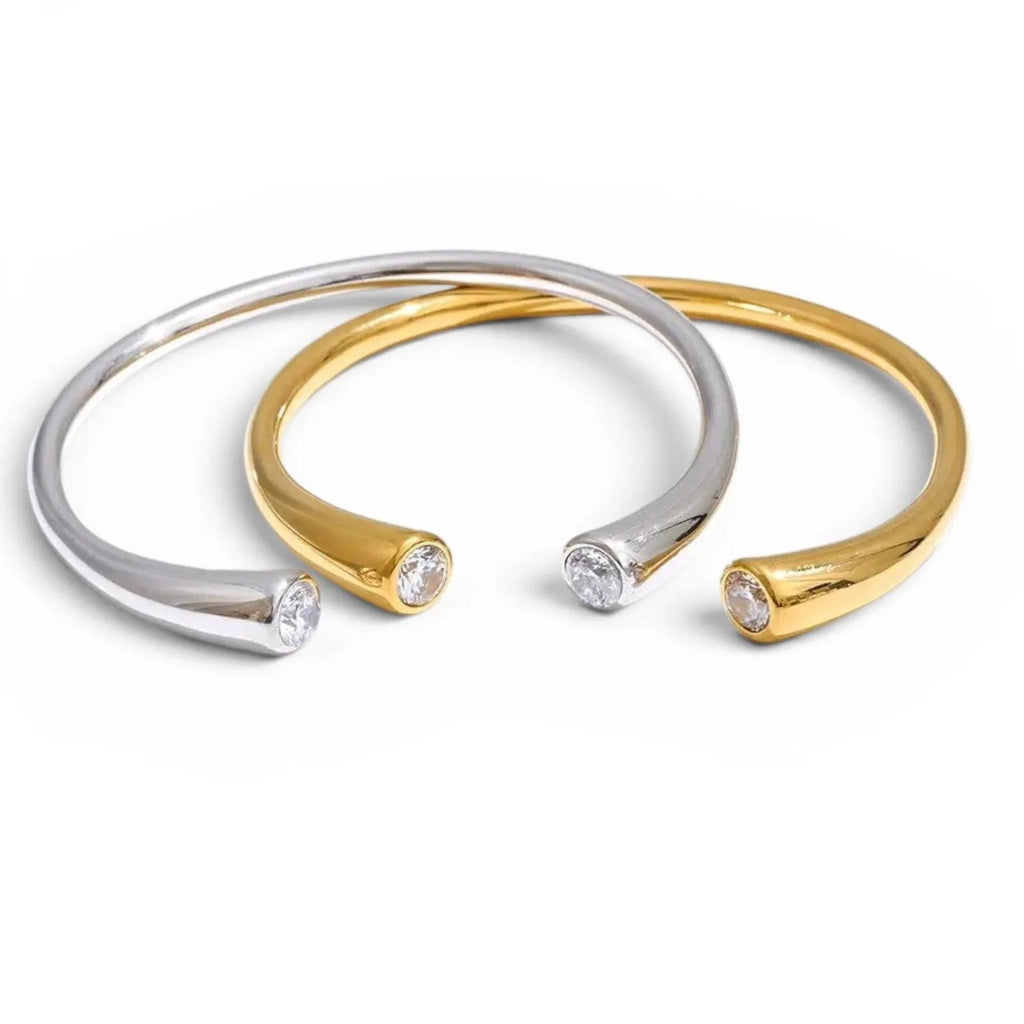 Cubic Zirconia 18K Gold PVD Plated Stainless Steel Open Cuff 60mm Bracelet For Women by Poised Me Jewelry Studio