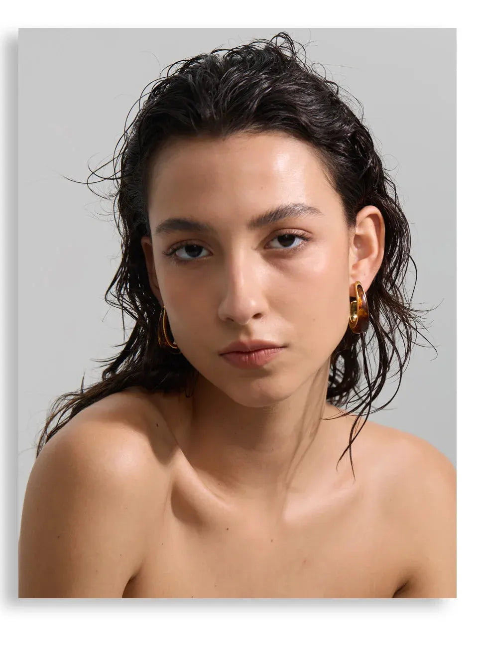 Geometric Resin 18k PVD Gold Plated Hoop Earrings Stainless Steel Amber Black by Poised Me Jewelry Studio