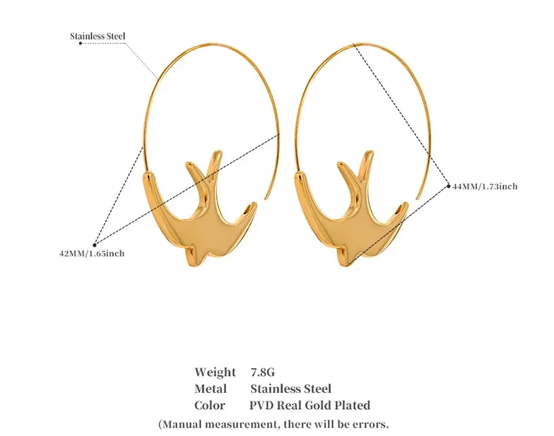 Minimalist Swallow Bird Hoop 18k Gold Plated PVD Earrings For Women Allergy Safe by PoisedMe