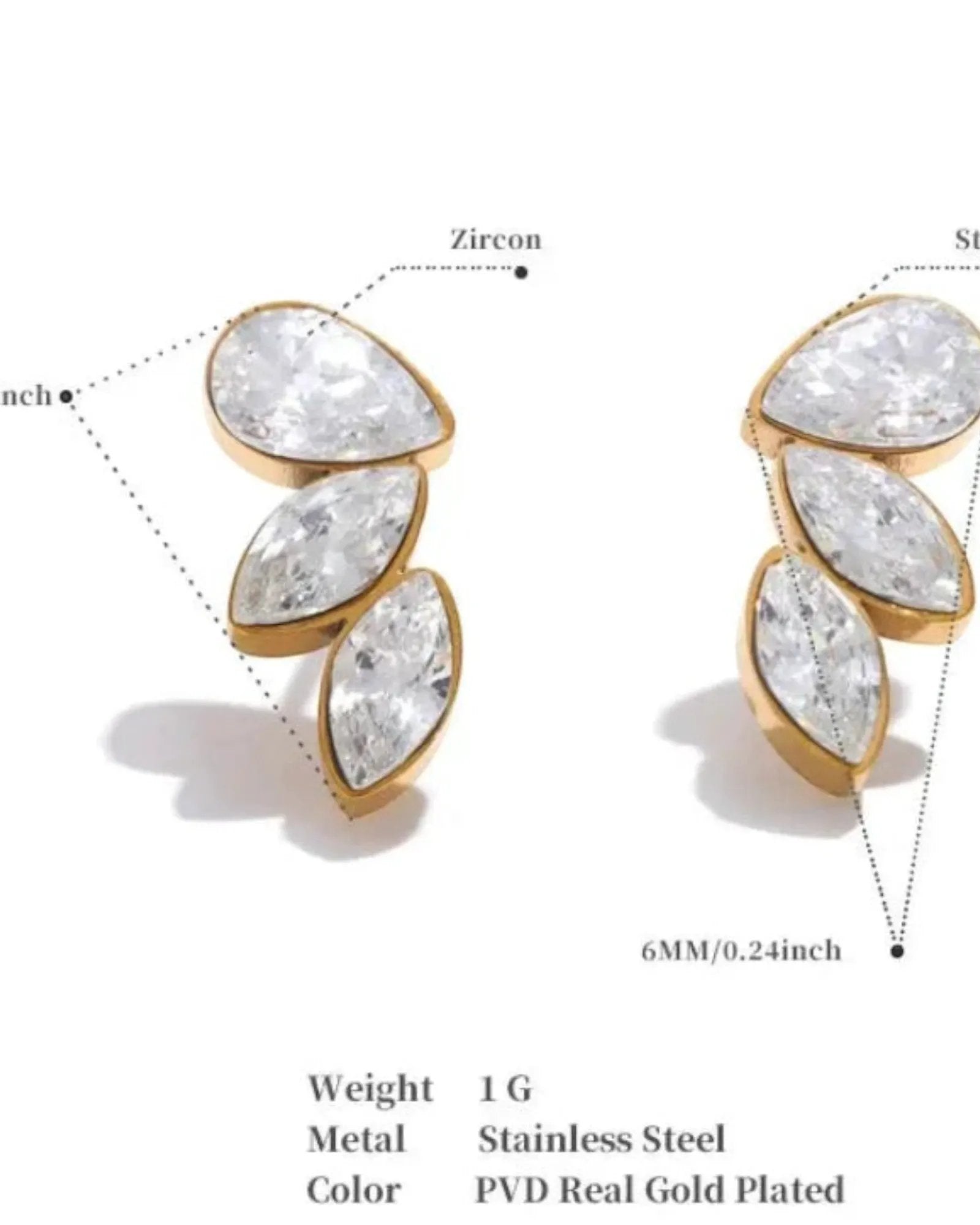 Shiny Cubic Zirconia Wing Stud Earrings Waterproof 18K Plated PVD Stainless Steel For Women by Poised Me Jewelry Studio