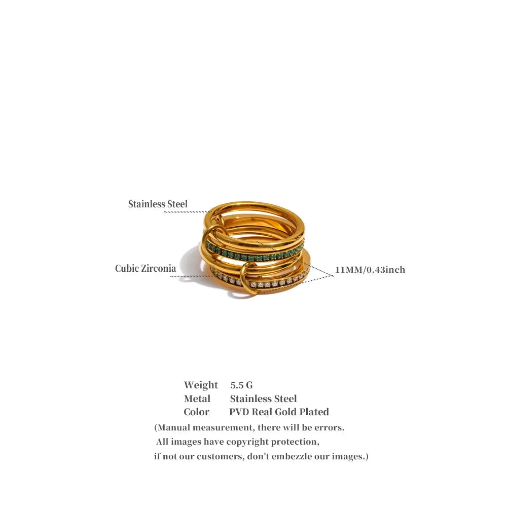 White & Green Zirconia 4-Layer Stacked Ring – 18K Gold PVD Plated Stainless Steel Modern Statement Jewelry by PoisedMe
