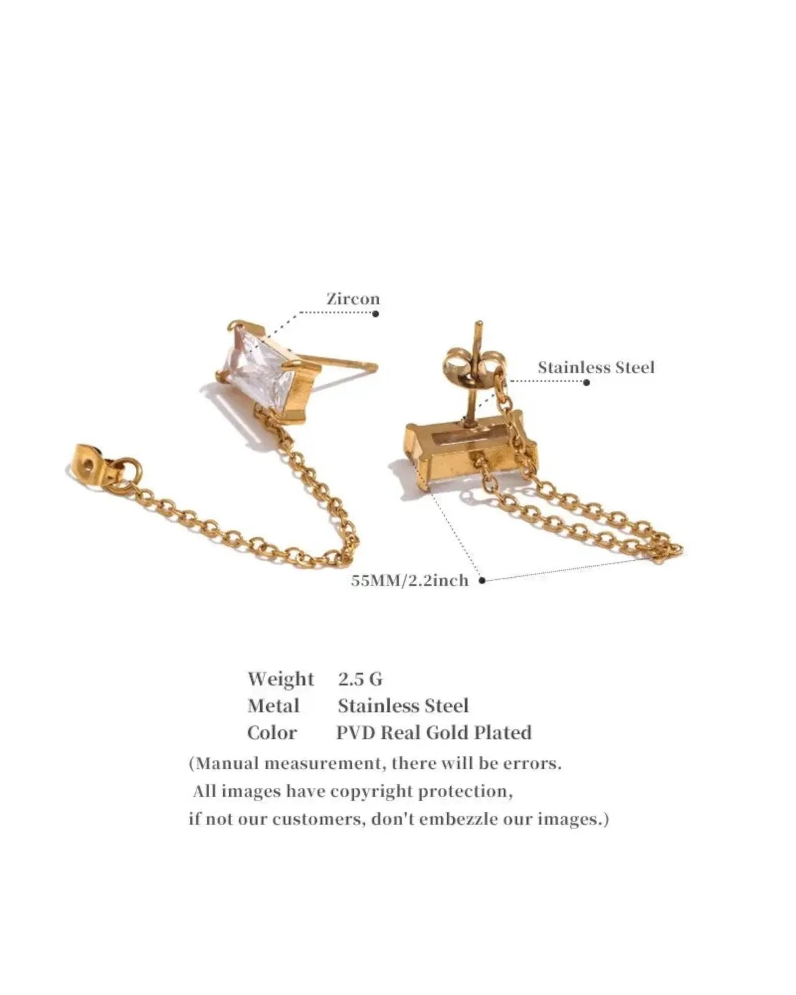 Gold Tone Cubic Zirconia Chain Drop Dangle 18K Gold PVD Plated Stainless Steel Earrings For Women by Poised Me Jewelry Studio