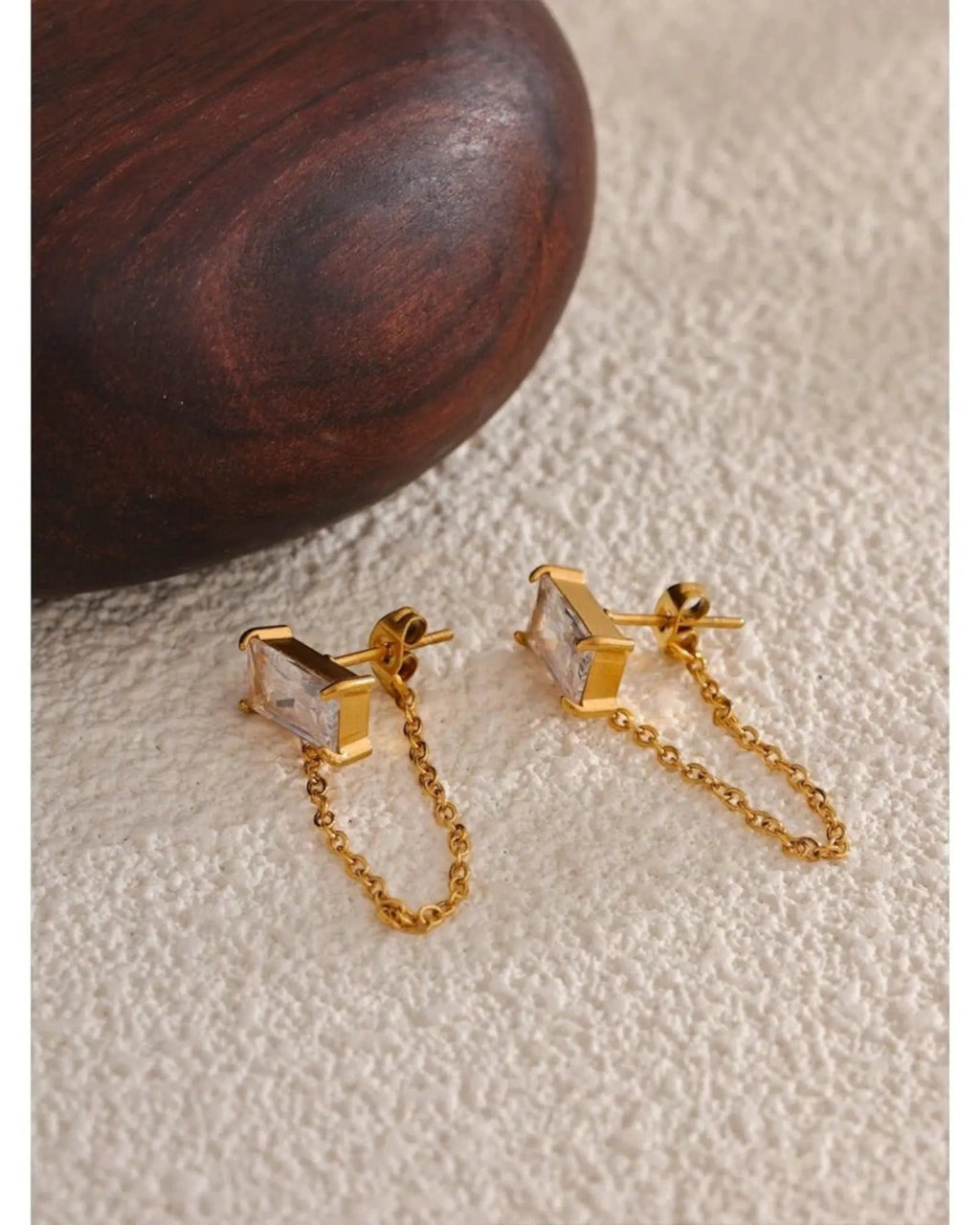 Gold Tone Cubic Zirconia Chain Drop Dangle 18K Gold PVD Plated Stainless Steel Earrings For Women by Poised Me Jewelry Studio