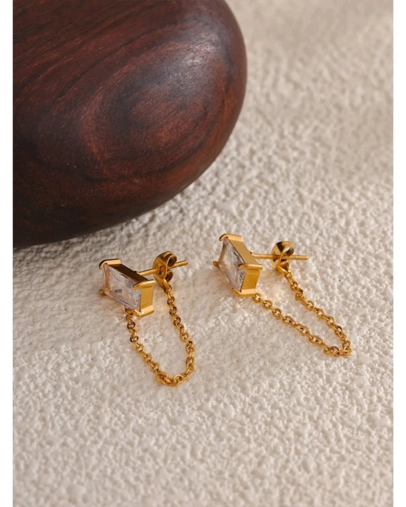 Gold Tone Cubic Zirconia Chain Drop Dangle 18K Gold PVD Plated Stainless Steel Earrings For Women by Poised Me Jewelry Studio