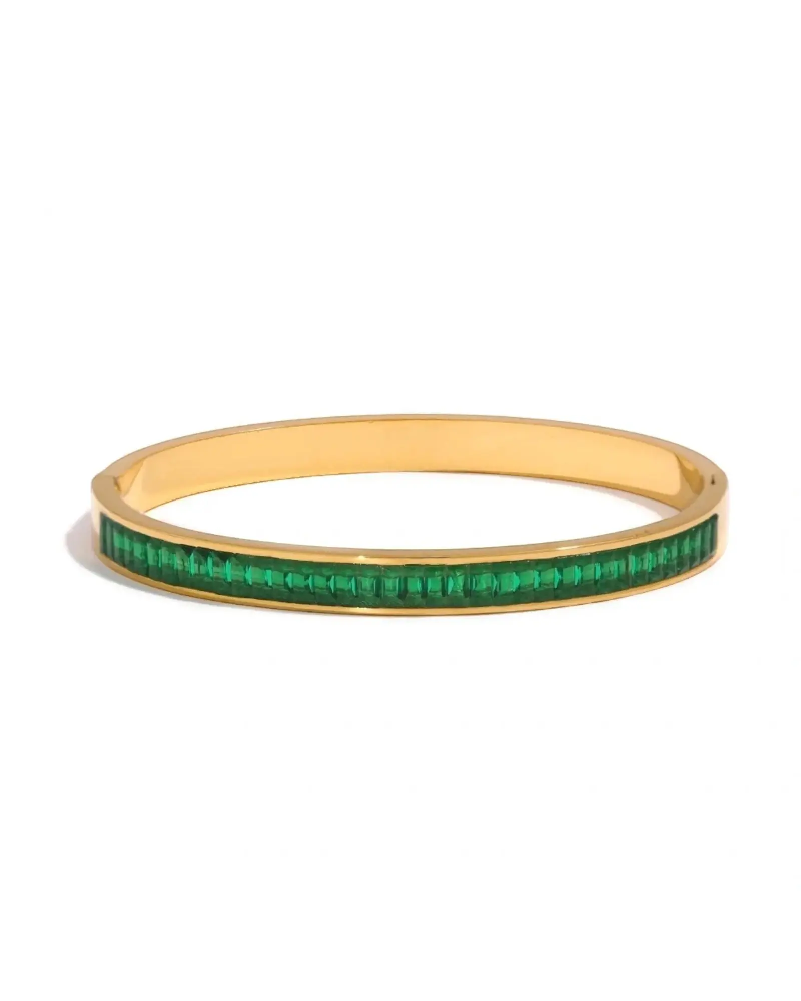 Emerald Green Cubic Zirconia Bangle Bracelet For Women 18K Gold Plated Steel by Poised Me Jewelry Studio