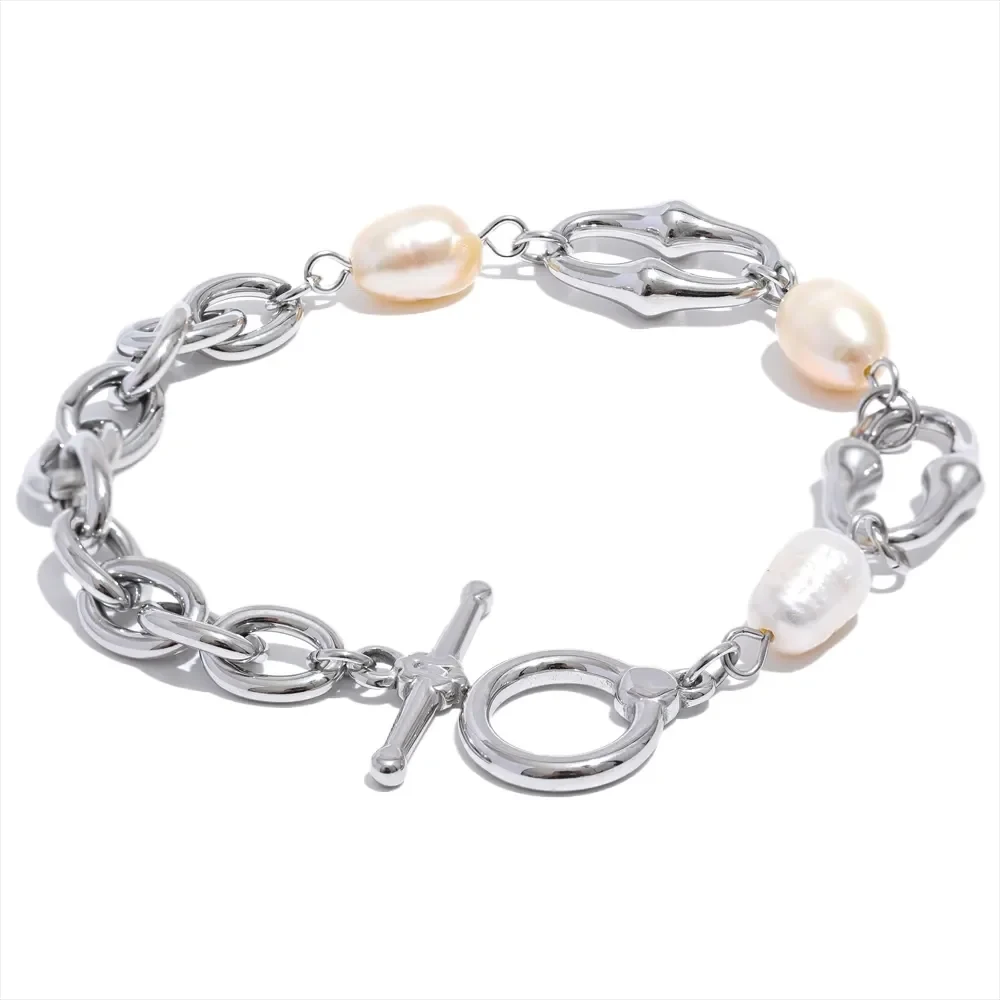 Freshwater Pearl & 18K Gold / Silver Chain Bracelet – Modern Sculptural Toggle Jewelry for Women by PoisedMe