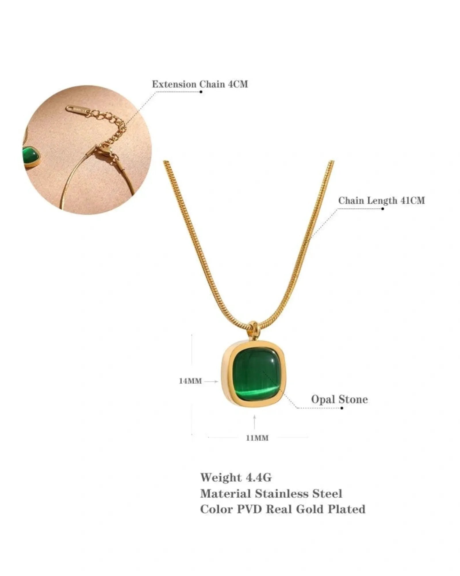 Green Opal Square Pendant Necklace — Minimalist 18k Gold Plated PVD Stainless Steel by Poised Me Jewelry Studio