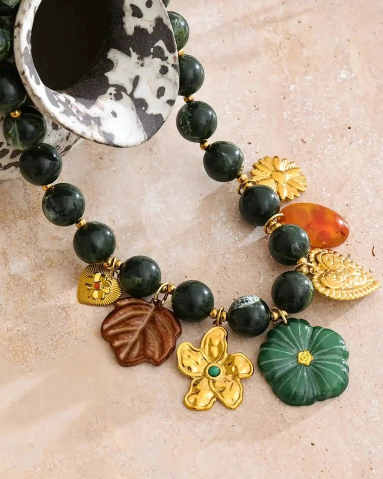 Green Acrylic Bead Necklace With Leaf Flower Heart Charms 18k Gold Plated PVD Stainless Steel by Poised Me Jewelry Studio