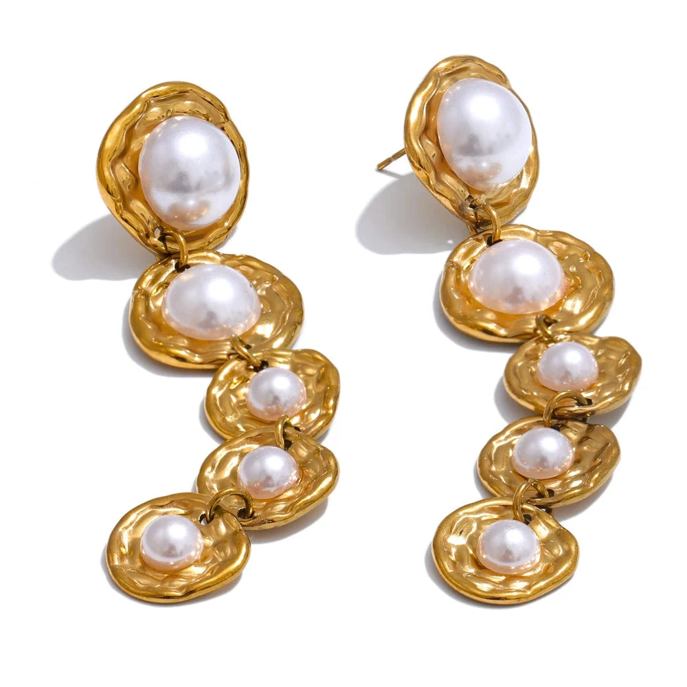Stainless Steel Simulated Pearl Earrings Golden Long Drop Hypoallergenic by PoisedMe