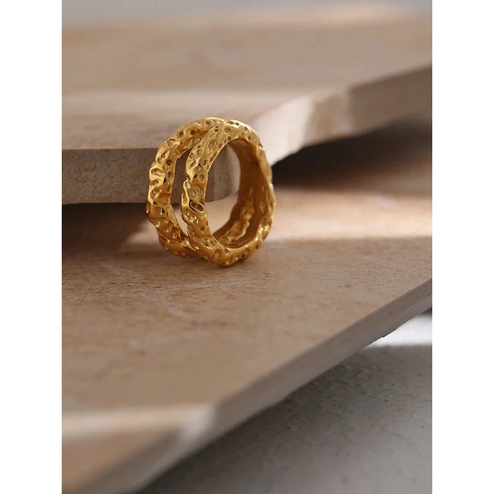 Stainless Steel Round Rings For Women Gold Textured 18K Plated Statement Jewelry by PoisedMe