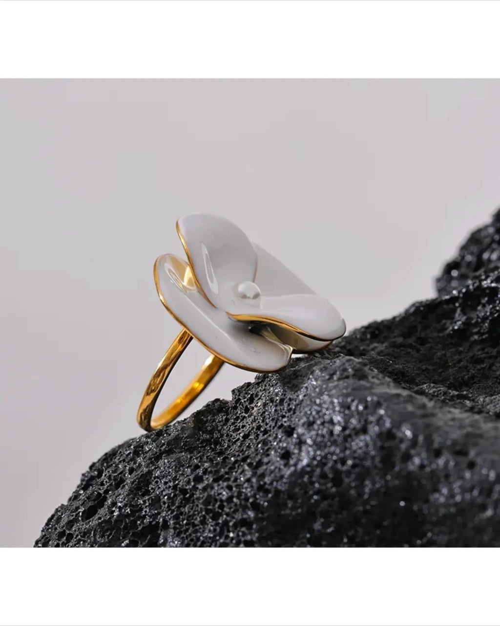 White Enamel Flower Ring Adjustable Stainless Steel Waterproof Jewelry for Women by Poised Me Jewelry Studio