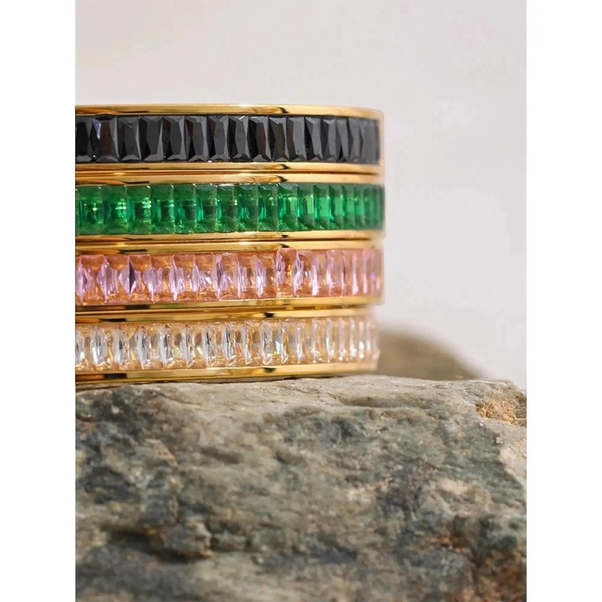 Emerald Green Cubic Zirconia Bangle Bracelet For Women 18K Gold Plated Steel by Poised Me Jewelry Studio