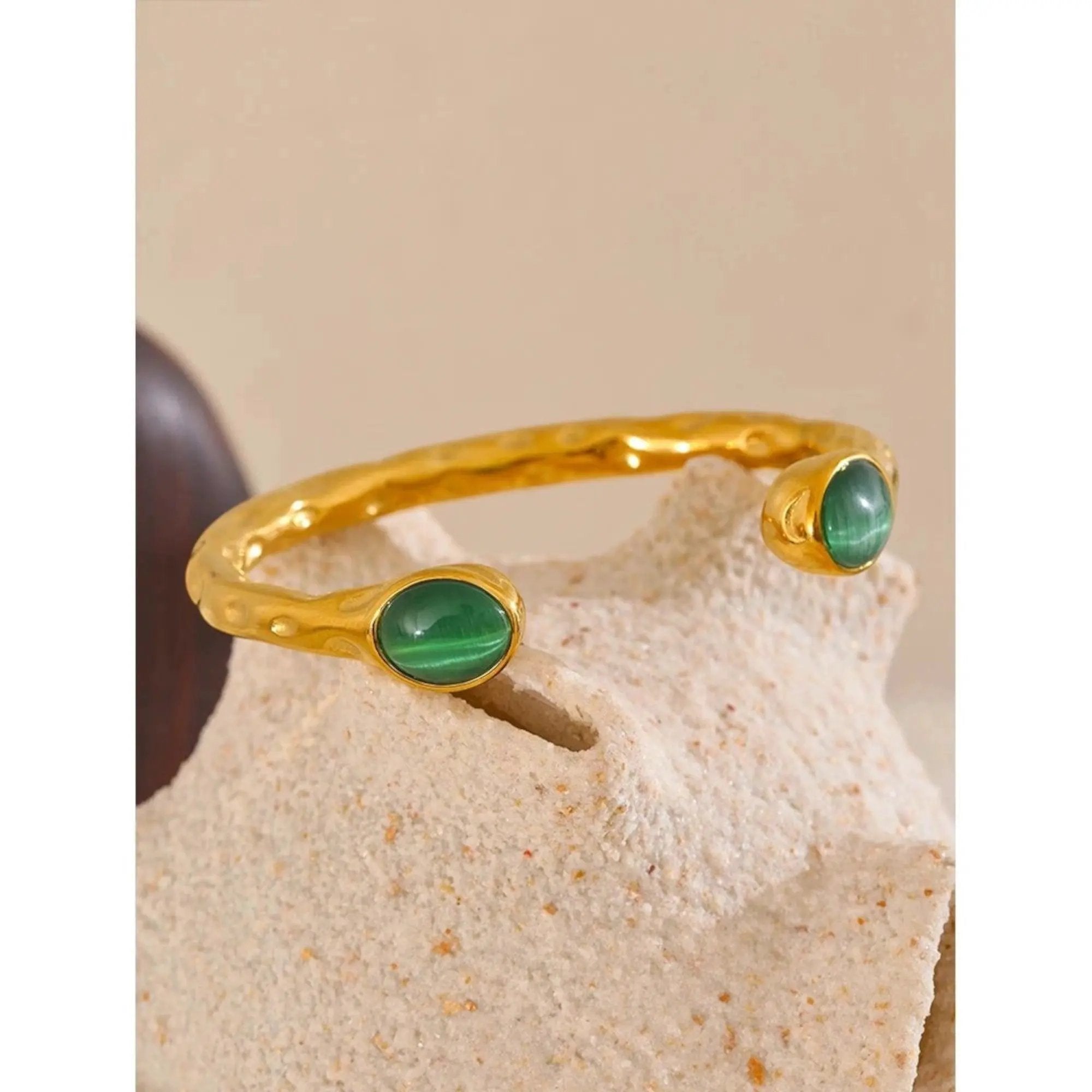 PoisedMe 62mm Stainless Steel Natural Stone Water Resistant Golden Open Cuff Bracelet - Bracelets
