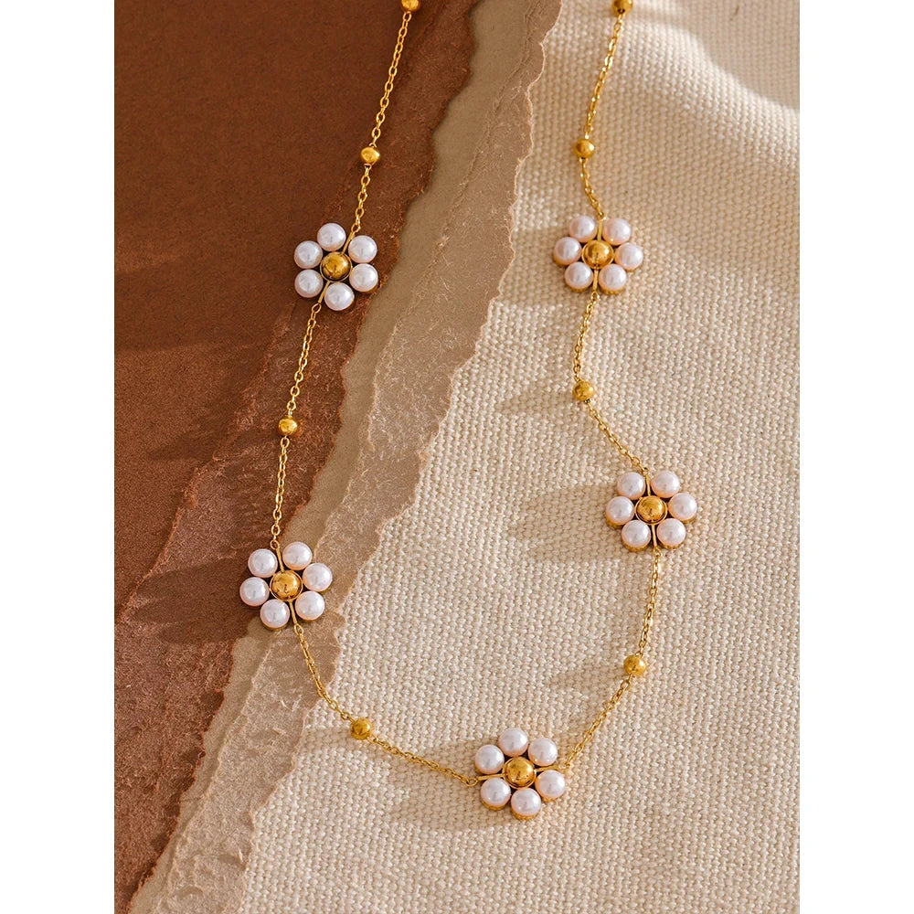 Fashion Imitation Pearls Handmade Flower Beads Chain Necklace Women 18K Gold Color PVD Stainless Steel Jewelry Waterproof by PoisedMe