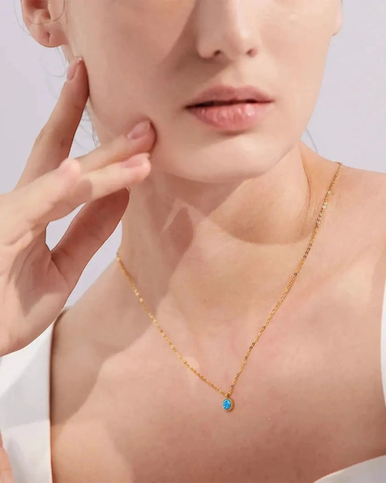 Blue Opal Natural Stone 18K Gold PVD Plated Stainless Steel Pendant Necklace For Women by Poised Me Jewelry Studio