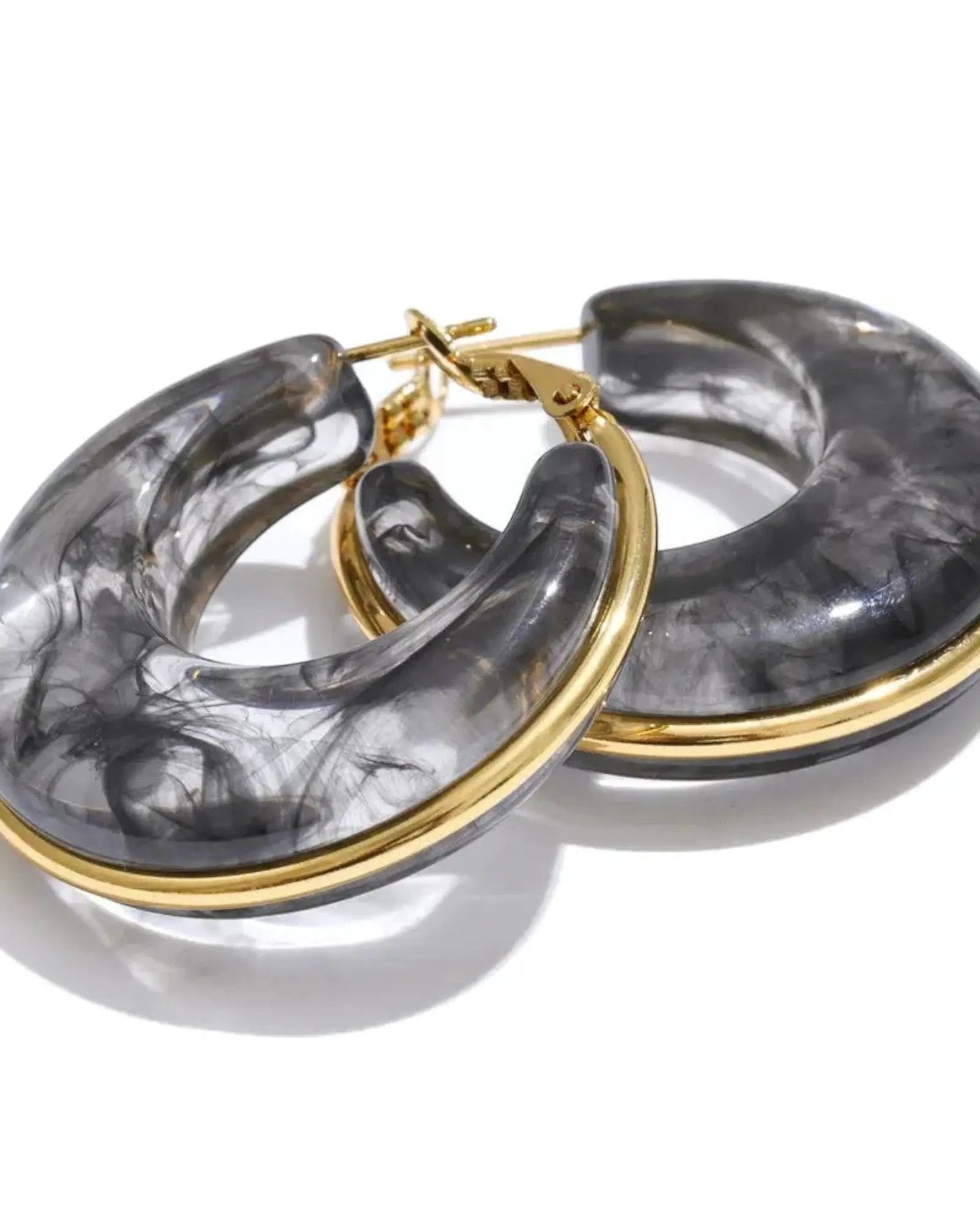 Green Marble Acrylic Hoop Earrings With 18K Gold PVD Plated Stainless Steel Trim For Women by Poised Me Jewelry Studio