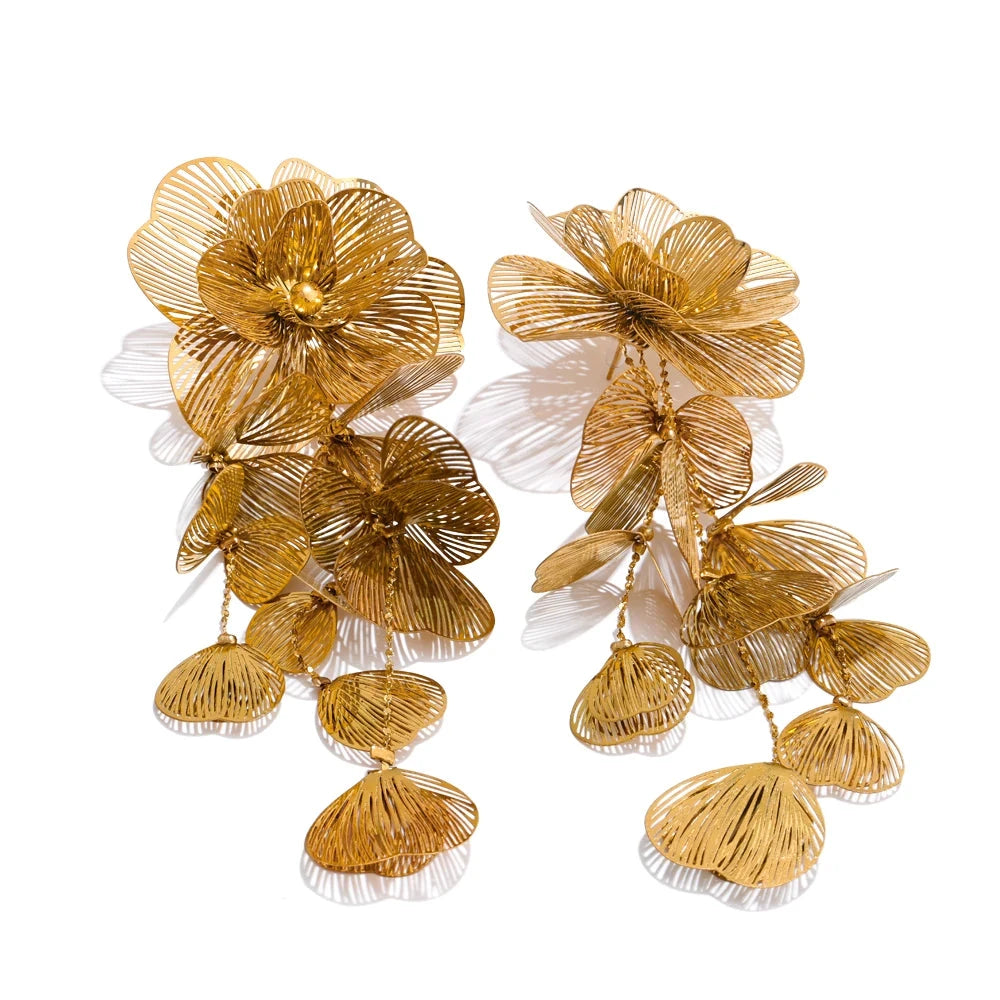 Stainless Steel Big Flower Tassel Drop Dangle Exaggerated Earrings Metal Fashion Eye-Catching Party Jewelry Hypoallergenic by PoisedMe