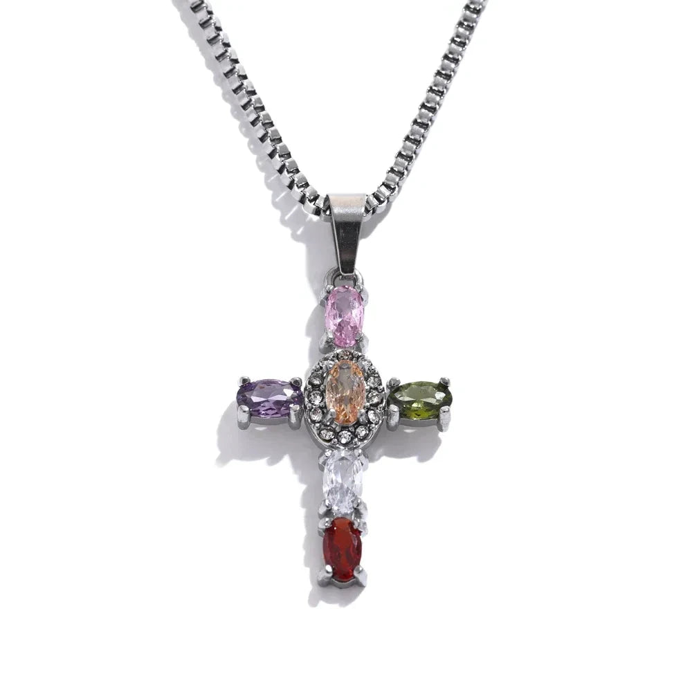 Cubic Zirconia Cross Necklace – Multicolor or Silver-Plated Luxury Pendant by PoisedMe