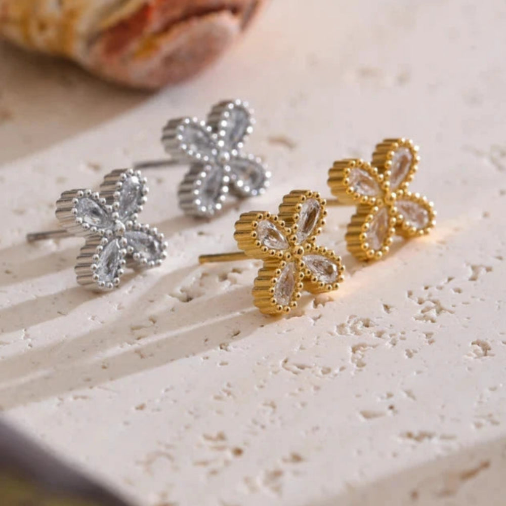Bling Cubic Zirconia Flower Small Stud Earrings Waterproof Stainless Steel Cast Quality Versatile Daily Delicate Jewelry by PoisedMe