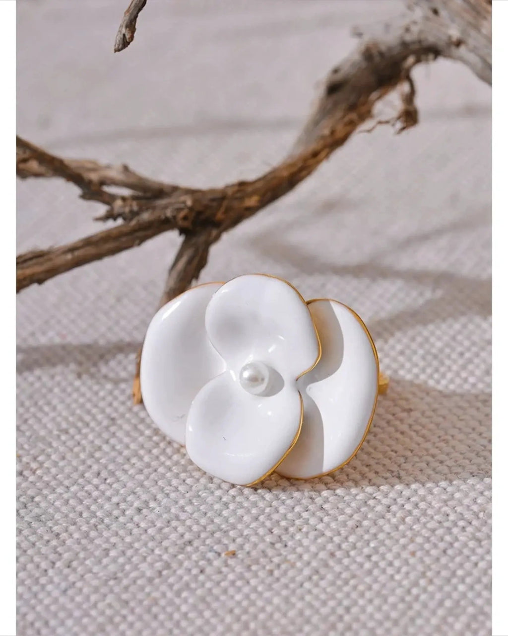 White Enamel Flower Ring Adjustable Stainless Steel Waterproof Jewelry for Women by Poised Me Jewelry Studio