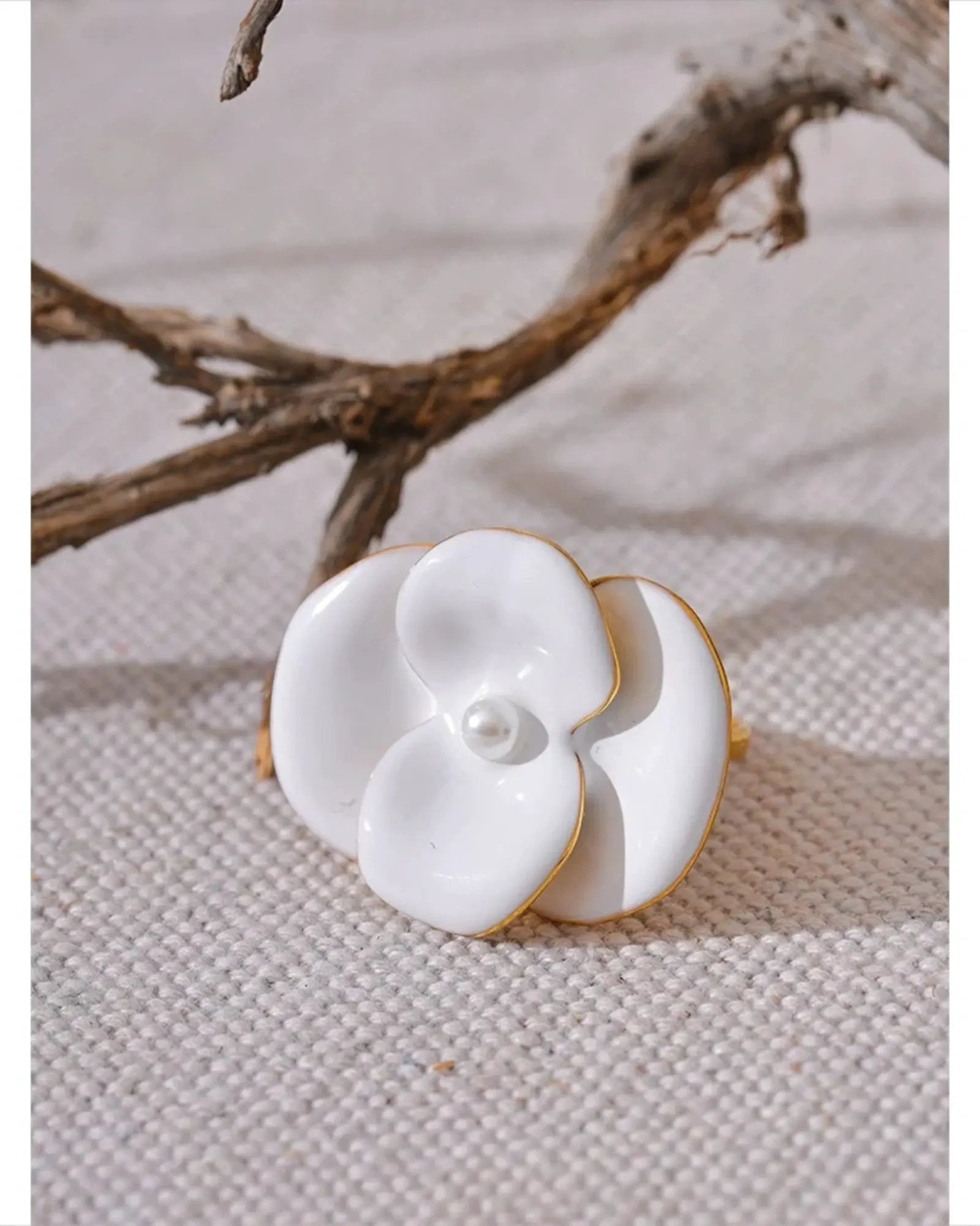 White Enamel Flower Ring Adjustable Stainless Steel Waterproof Jewelry for Women by Poised Me Jewelry Studio