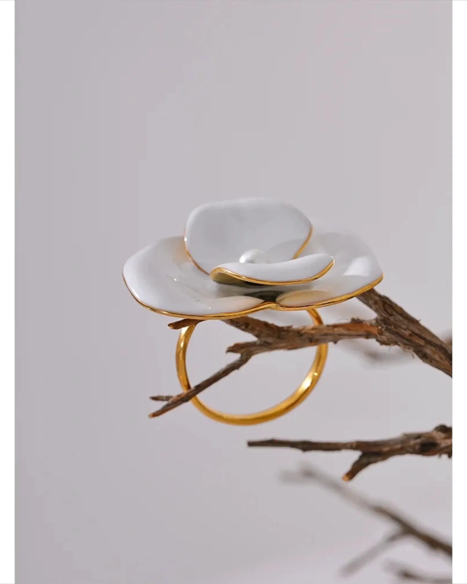 White Enamel Flower Ring Adjustable Stainless Steel Waterproof Jewelry for Women by Poised Me Jewelry Studio