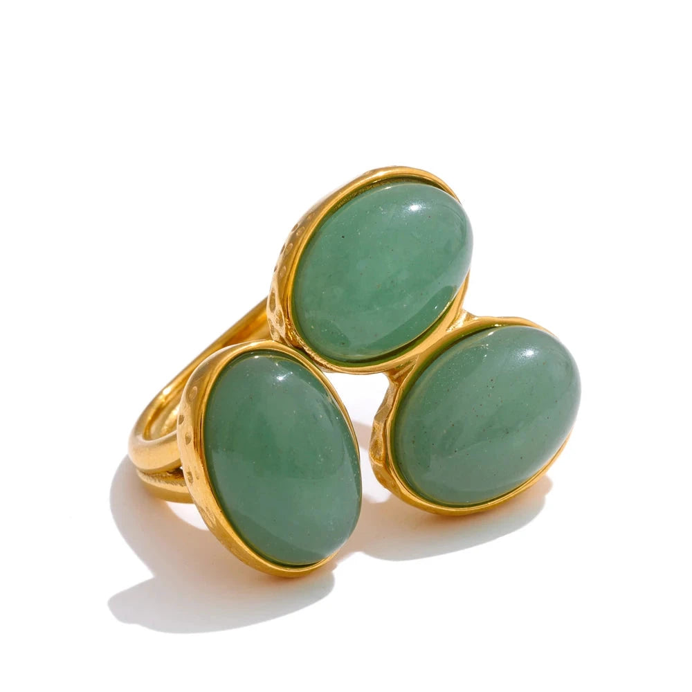 Natural Aventurine Agate Shell Pearl Flower Adjustable Stainless Steel Ring by PoisedMe