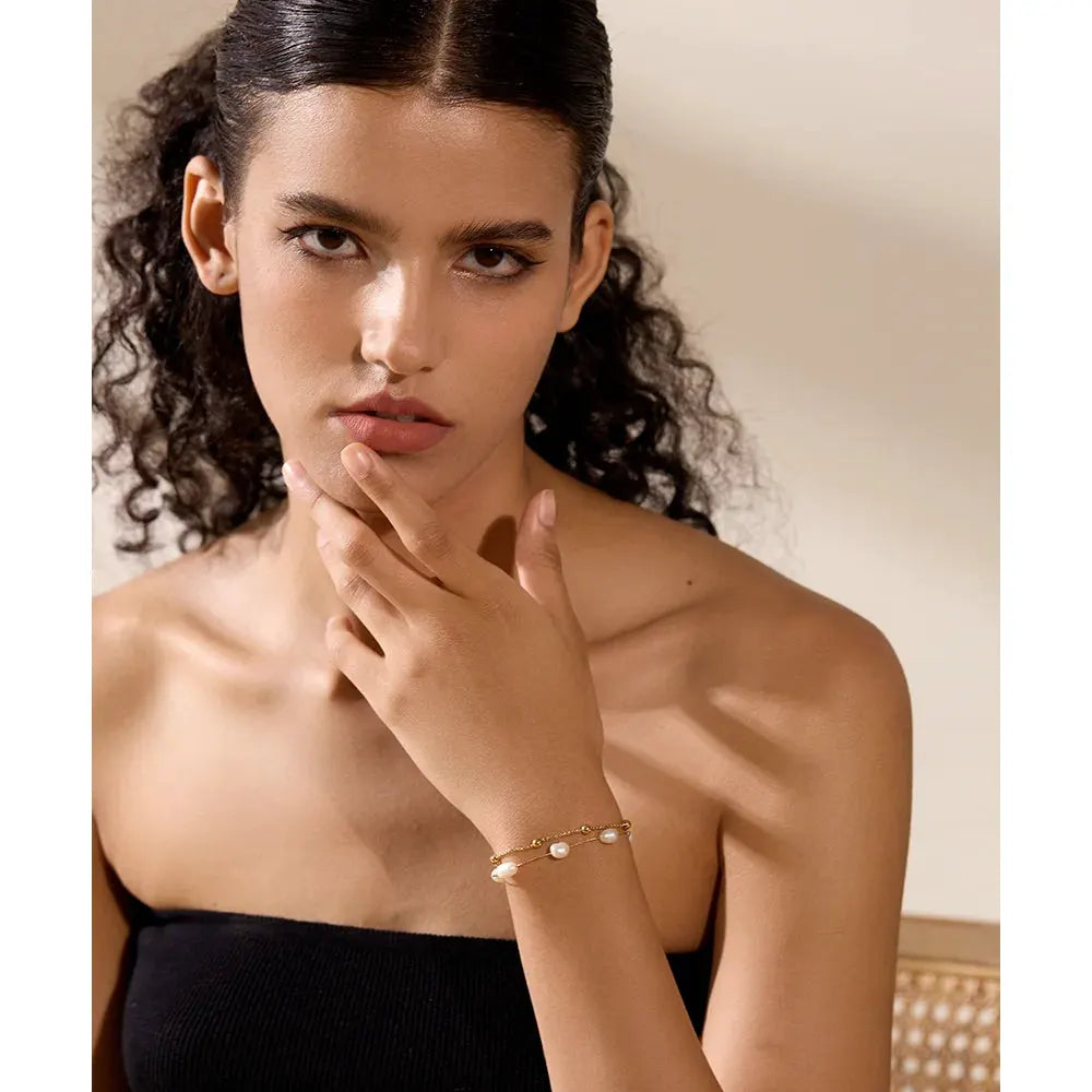 PoisedMe Natural Pearls Double Layer Chain Stainless Steel Charm Bracelet Bangle Women Stylish Summer Jewelry Waterproof -