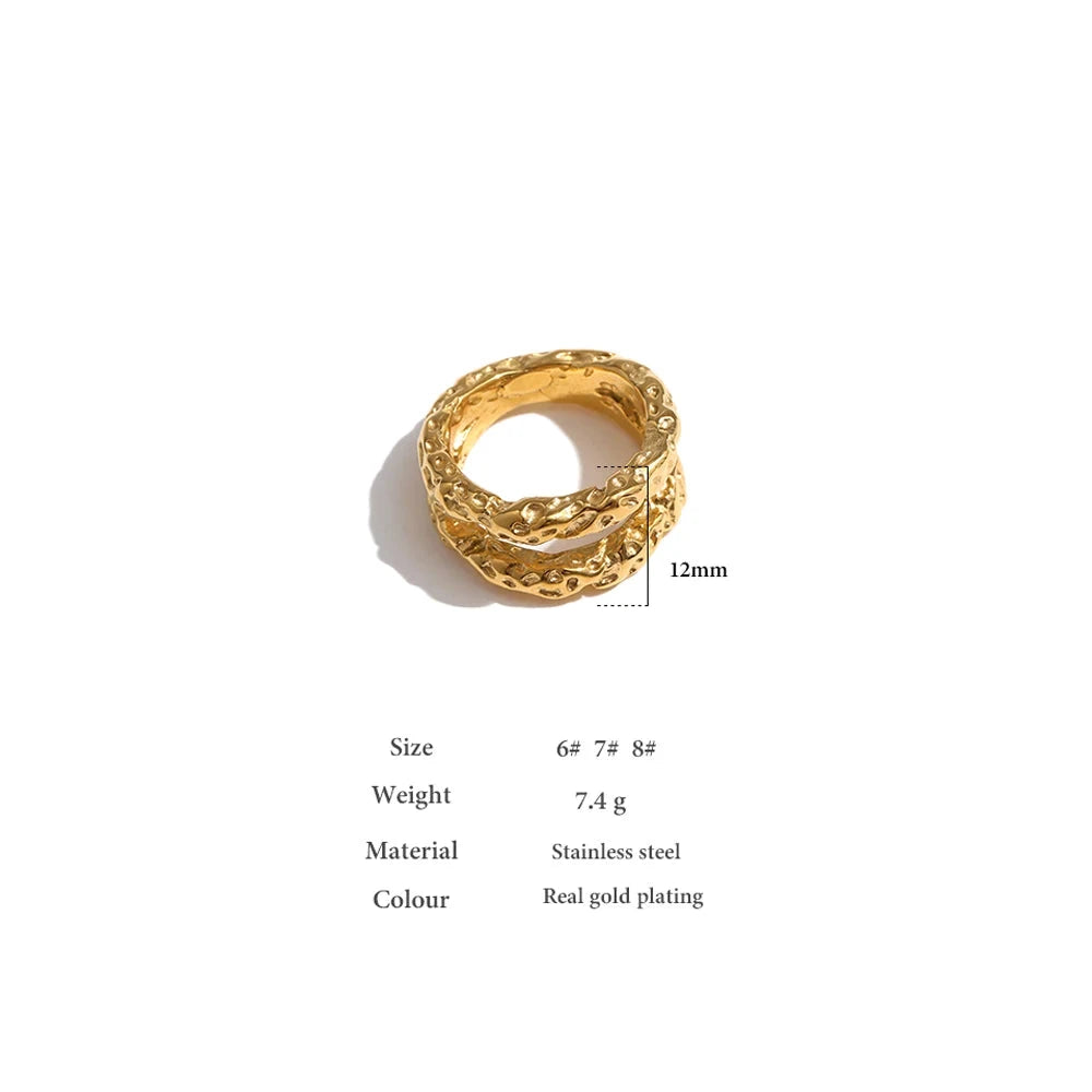 Stainless Steel Round Rings For Women Gold Textured 18K Plated Statement Jewelry by PoisedMe