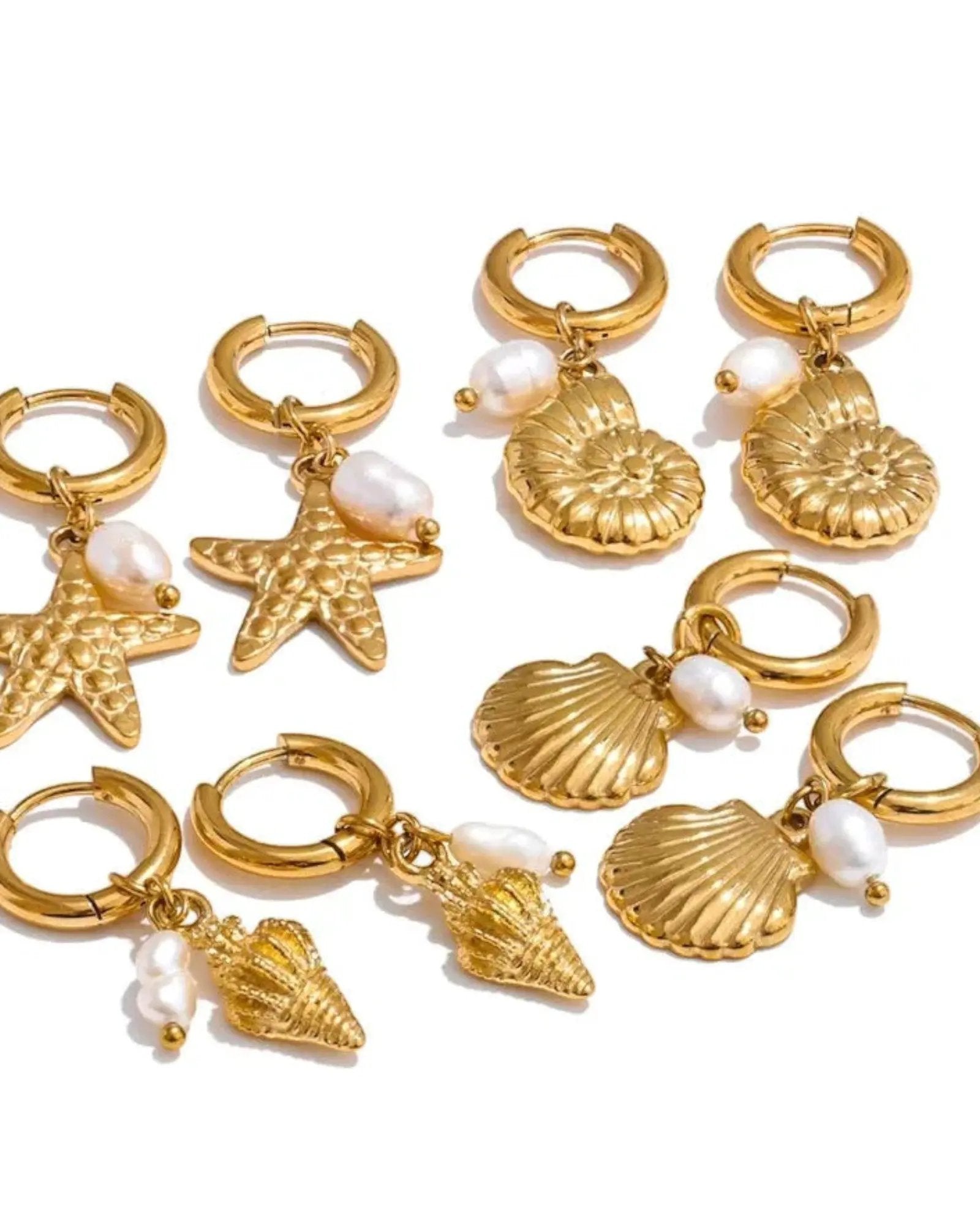 Ocean Style Natural Pearl Conch Shell Starfish Hoop 18K Plated PVD Stainless Steel Earrings Set For Women by Poised Me Jewelry Studio