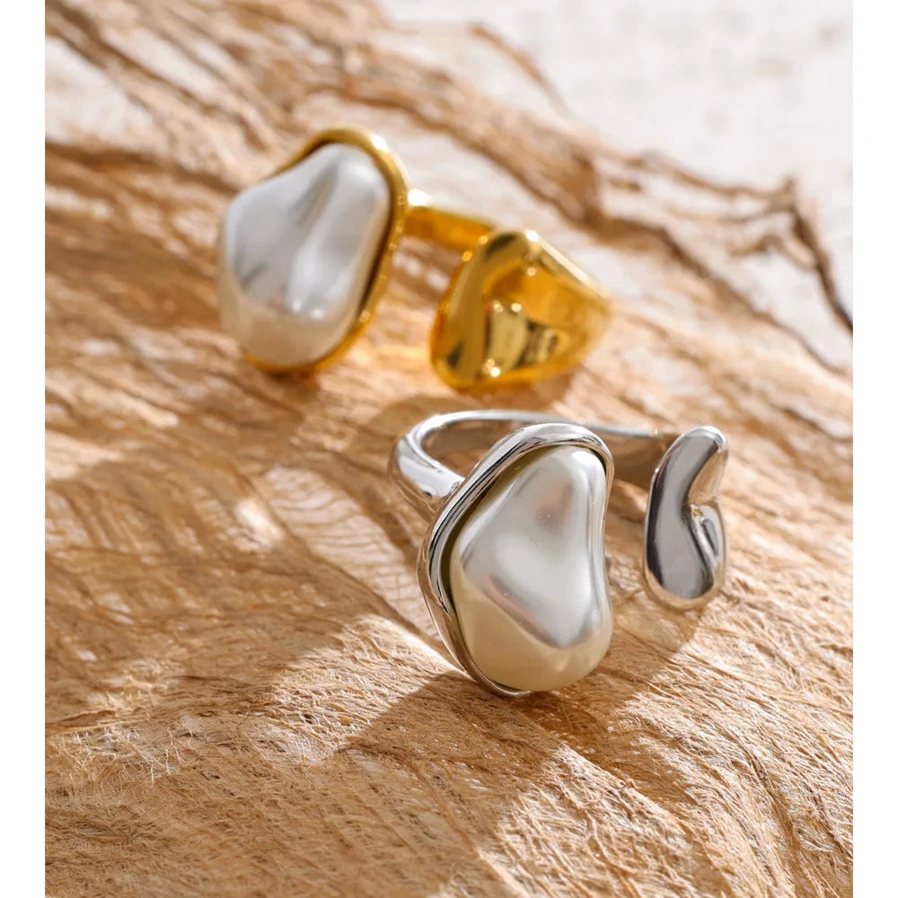 Size 7.5 Vintage Baroque Simulated Pearls Adjustable Ring Arrivals Stainless Steel Chic Charm Jewelry Wholesale Bijoux by PoisedMe