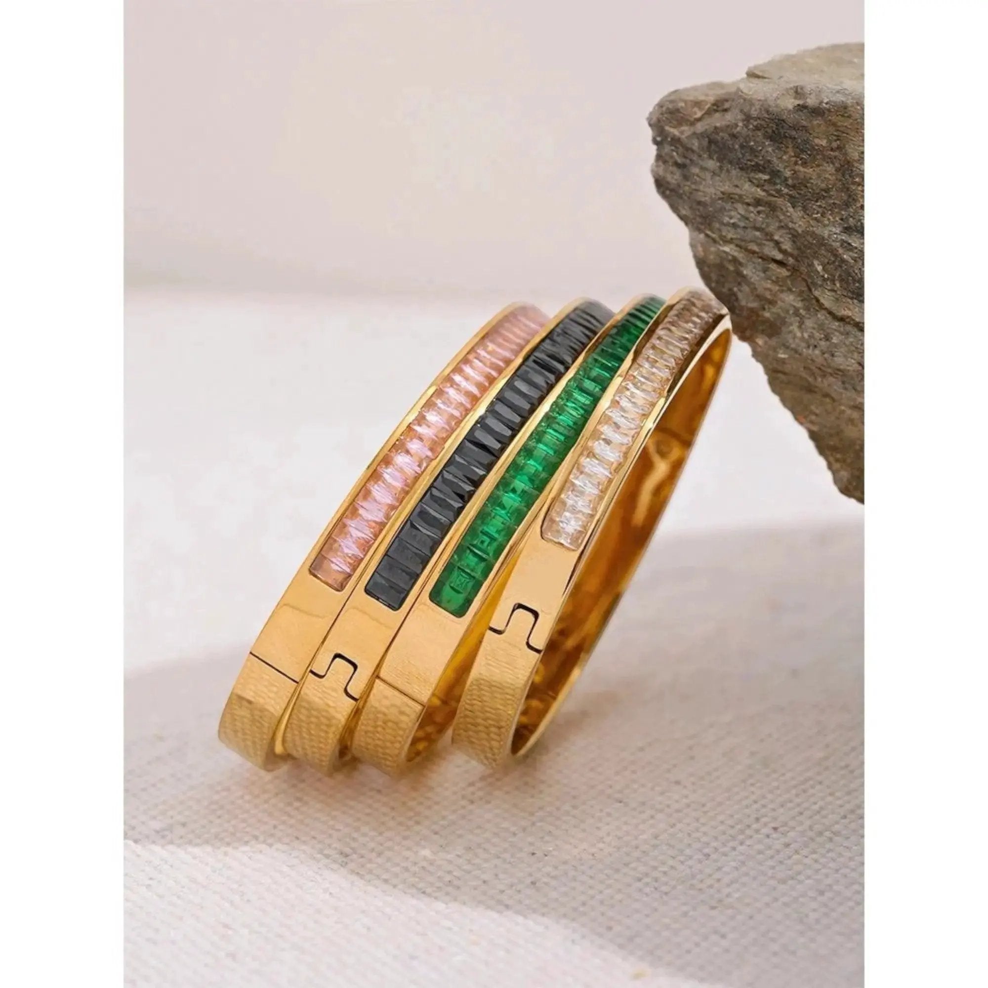 Emerald Green Cubic Zirconia Bangle Bracelet For Women 18K Gold Plated Steel by Poised Me Jewelry Studio