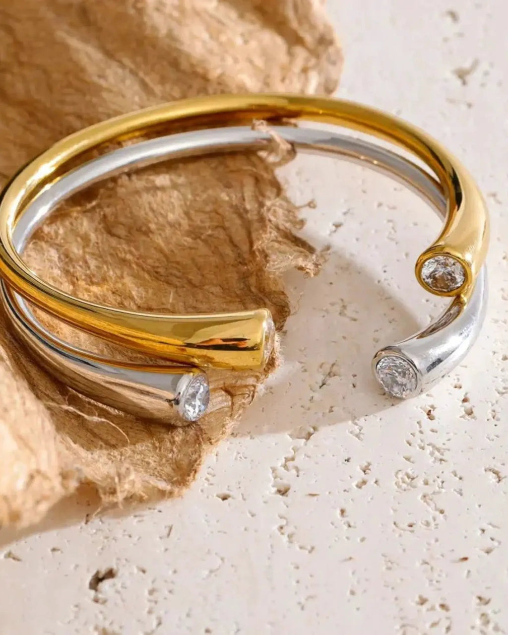 Cubic Zirconia 18K Gold PVD Plated Stainless Steel Open Cuff 60mm Bracelet For Women by Poised Me Jewelry Studio