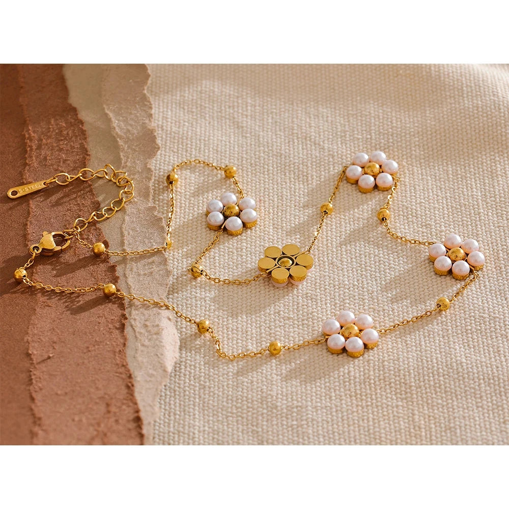 Fashion Imitation Pearls Handmade Flower Beads Chain Necklace Women 18K Gold Color PVD Stainless Steel Jewelry Waterproof by PoisedMe