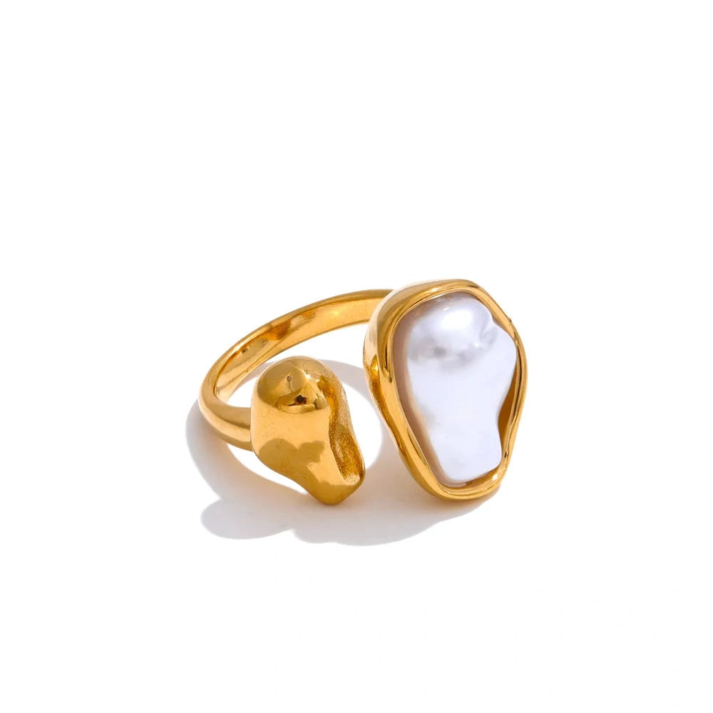18K Golden PVD Plated Stainless Steel Cast Finger Open Artificial Baroque Pearl Ring Rust Resistant Fashion Jewelry by PoisedMe