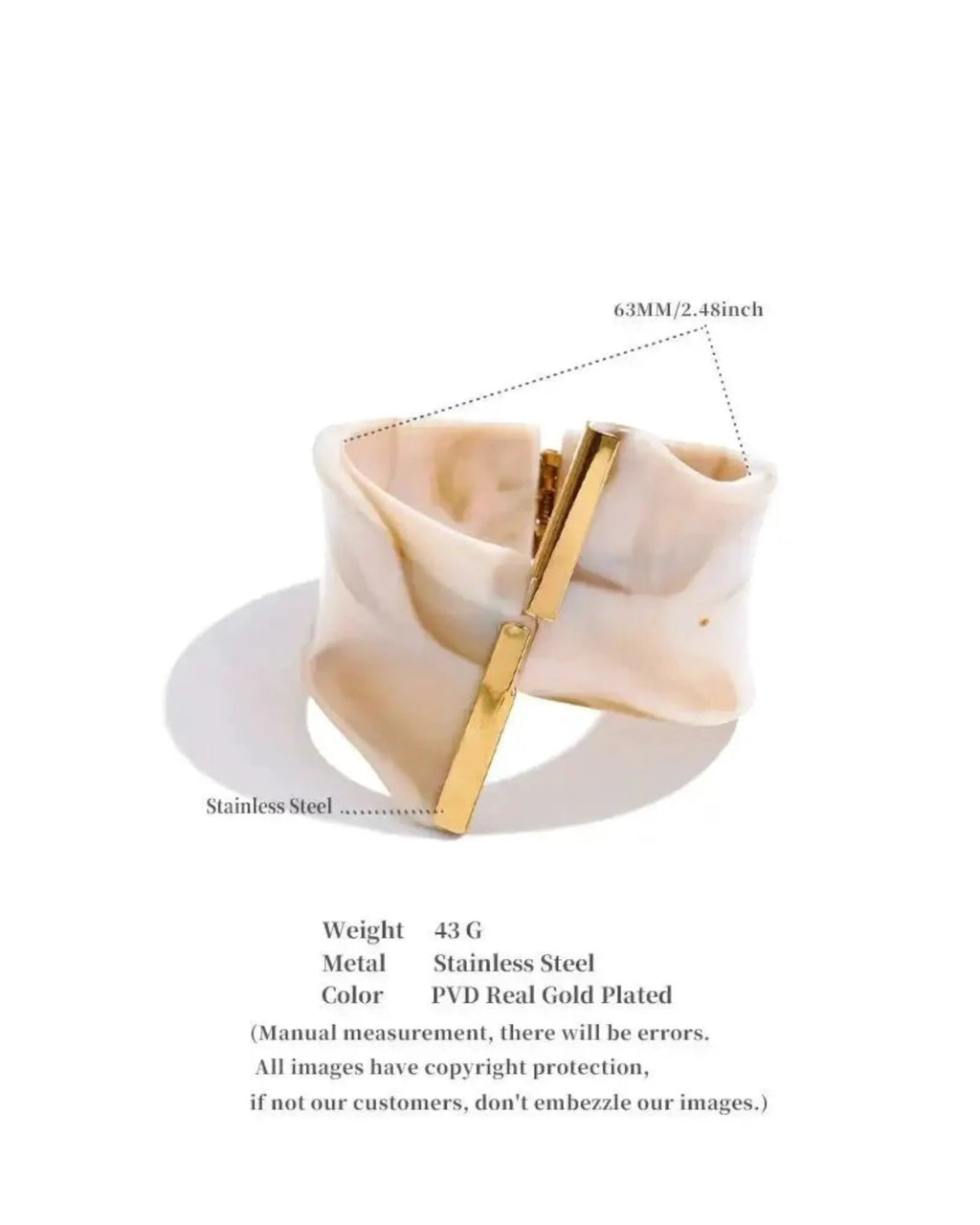 Marble Acrylic Cuff Bracelet With Gold Bar Accents 62mm 18k PVD Plated Stainless Steel by Poised Me Jewelry Studio