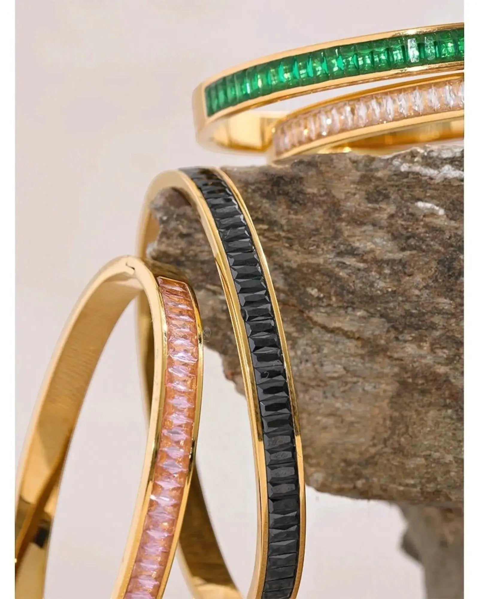 Emerald Green Cubic Zirconia Bangle Bracelet For Women 18K Gold Plated Steel by Poised Me Jewelry Studio