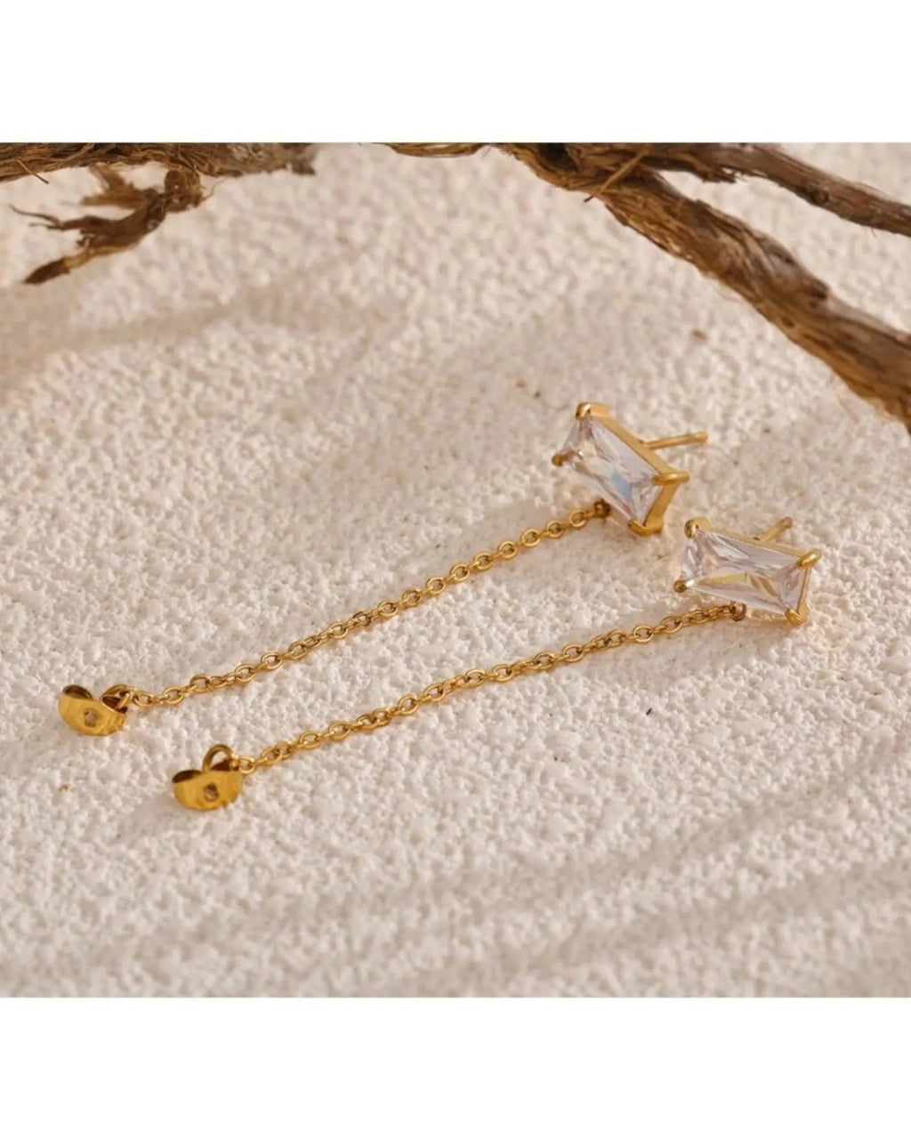 Gold Tone Cubic Zirconia Chain Drop Dangle 18K Gold PVD Plated Stainless Steel Earrings For Women by Poised Me Jewelry Studio