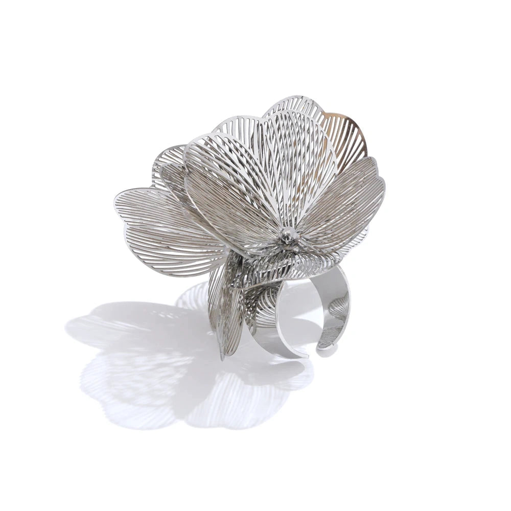 Exclusive Stainless Steel Metal Flower Adjustable Ring Women Hyperbole Personality Fashion Finger Jewelry Gift PVD Plated by PoisedMe